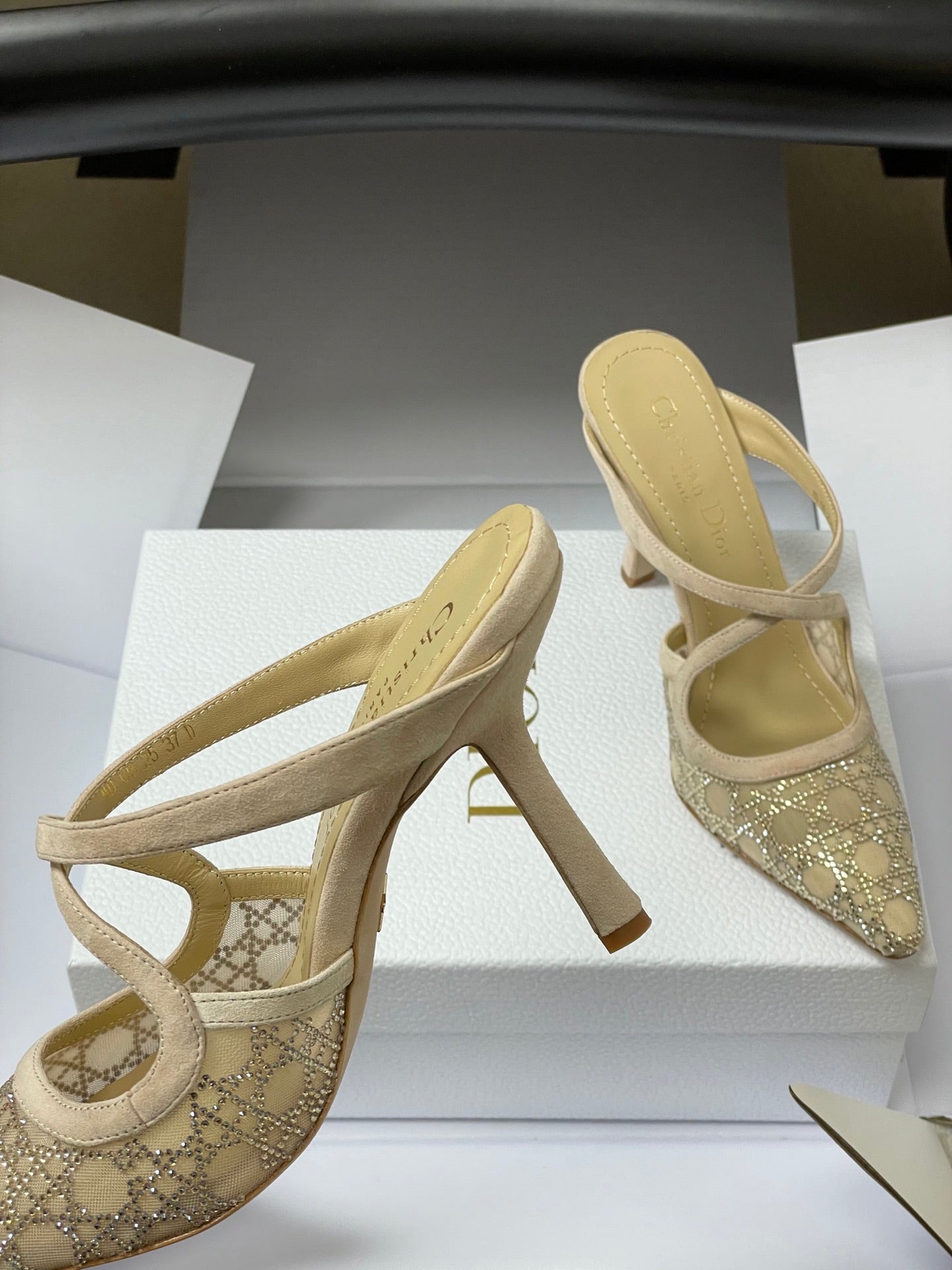 CD 26 High-Heeled Mules Beige Mesh Sheepskin 593587