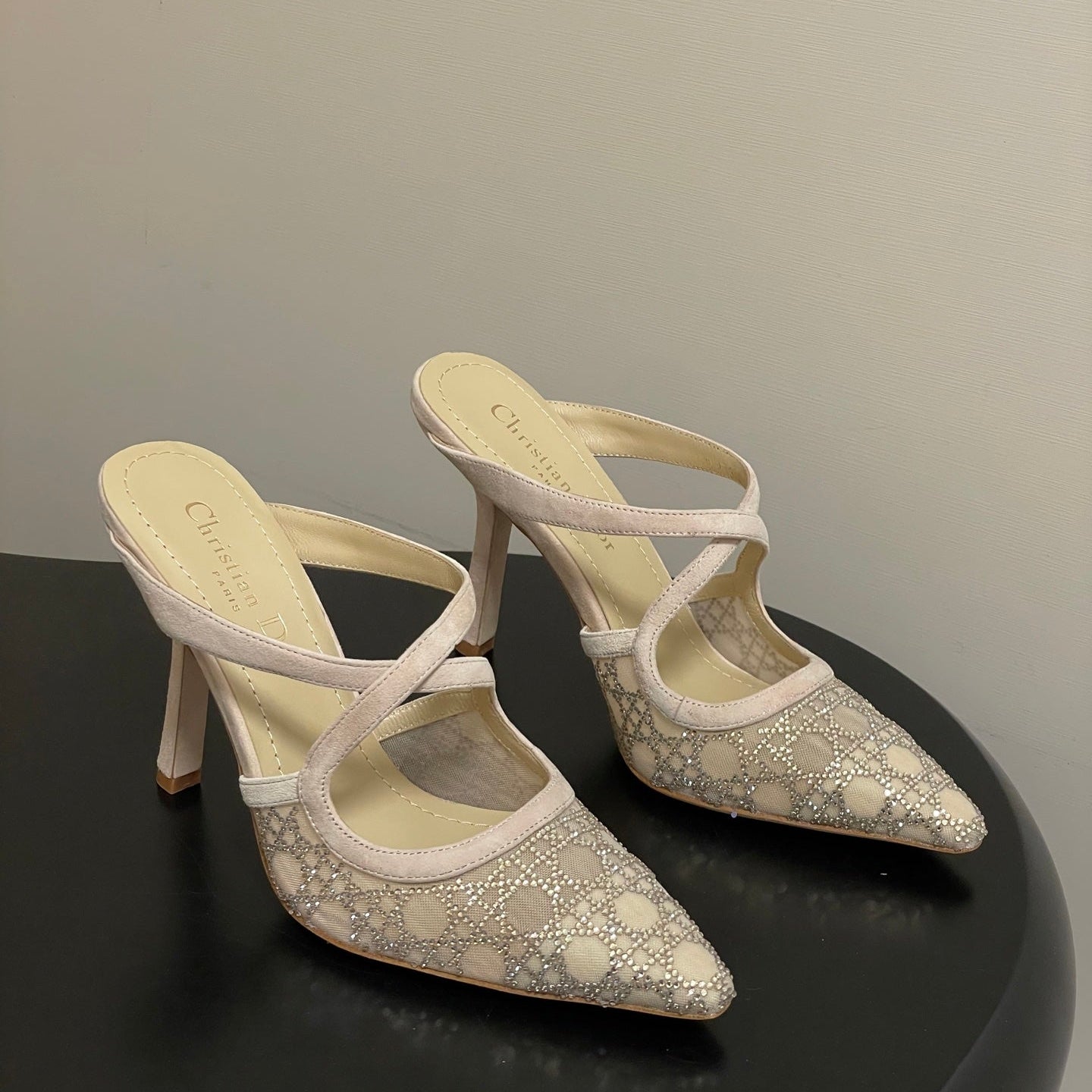 CD 26 High-Heeled Mules Beige Mesh Sheepskin 593587