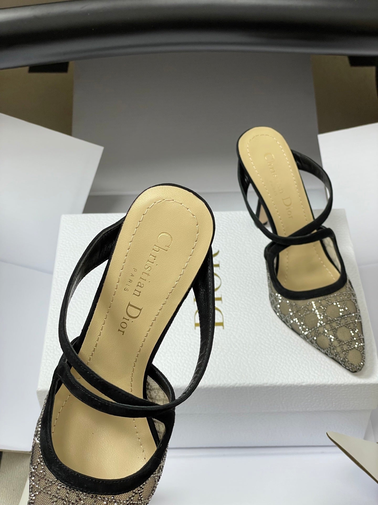 CD 26 High-Heeled Mules Black Beige Mesh Sheepskin 593588