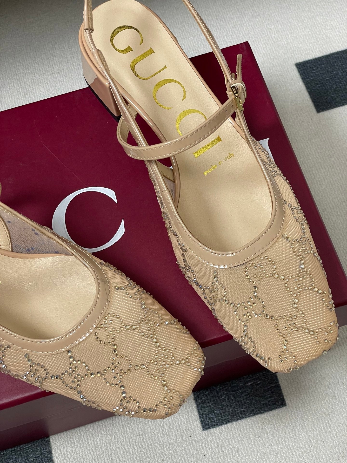 GG 26ss Crystal Rhinestone Mary Jane Beige Mesh Fabric 593510