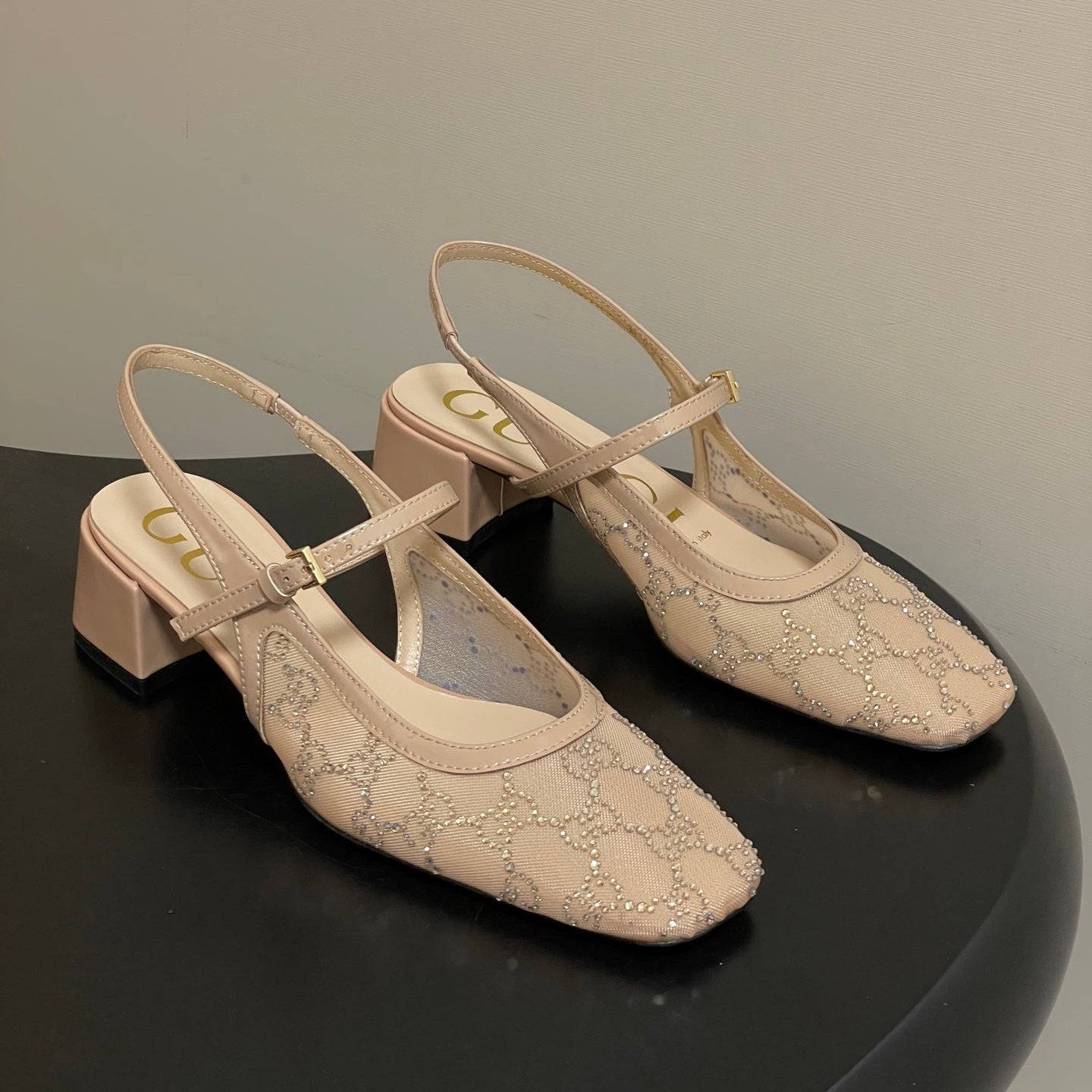 GG 26ss Crystal Rhinestone Mary Jane Beige Mesh Fabric 593510