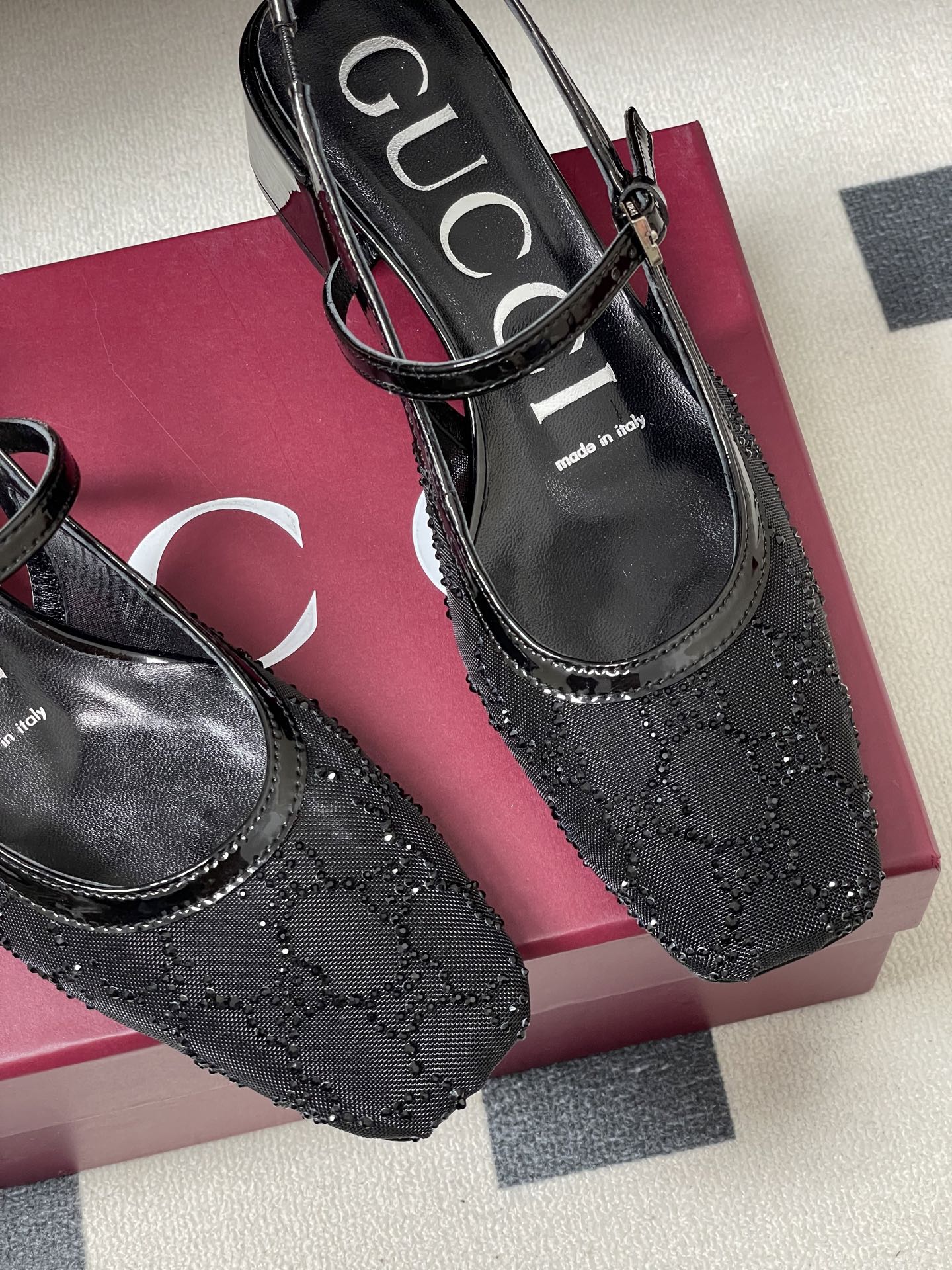 GG 26ss Crystal Rhinestone Mary Jane Black Mesh Fabric 593511