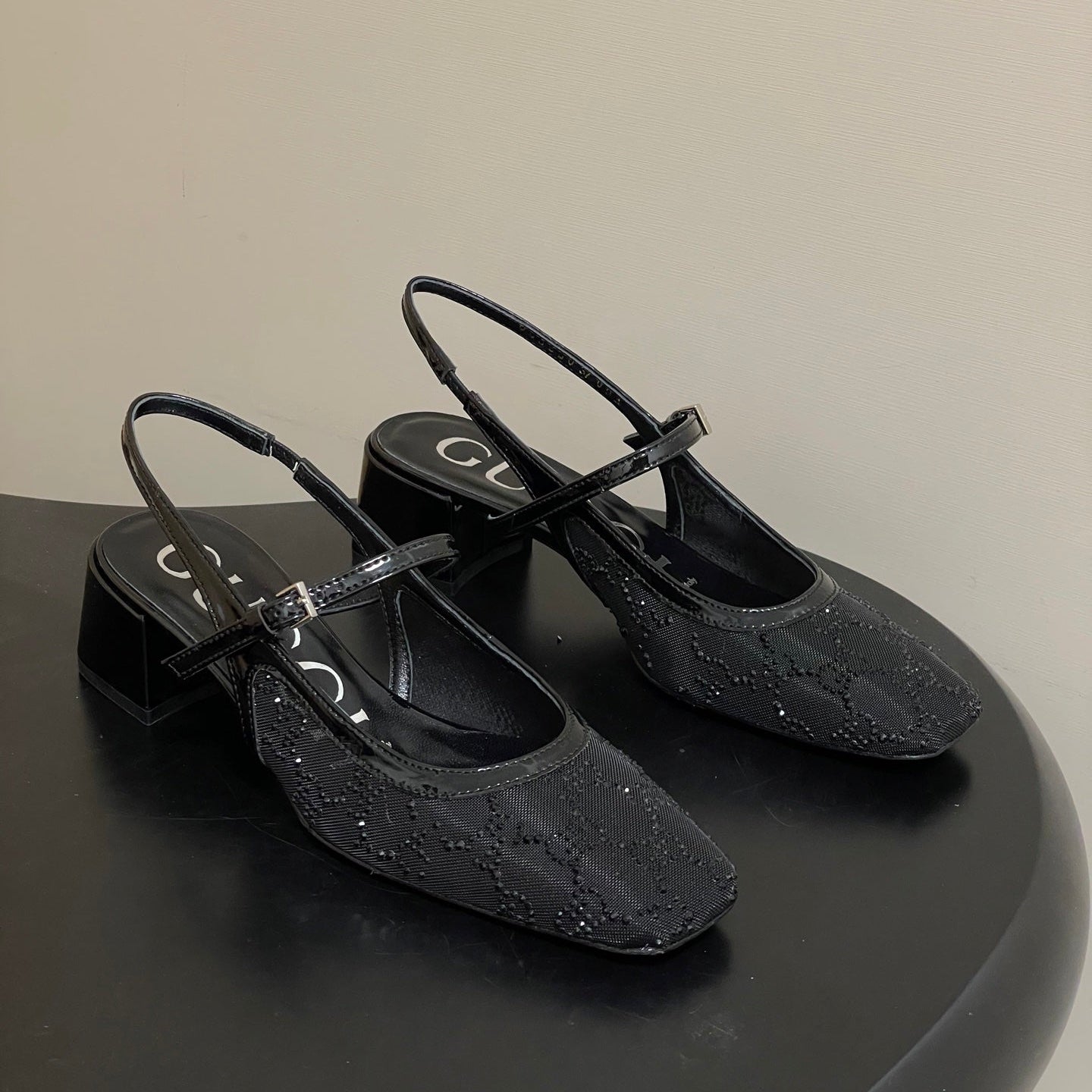 GG 26ss Crystal Rhinestone Mary Jane Black Mesh Fabric 593511