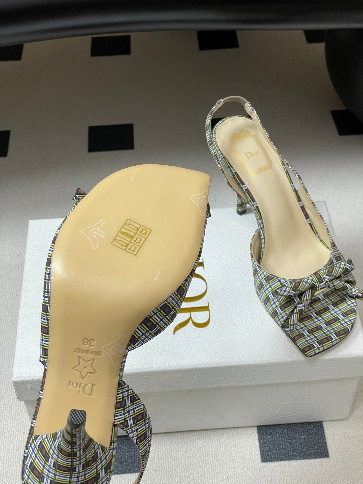 CD 26 Slingback 85 Multicolor Plaid Leather Silk Fabric 593600