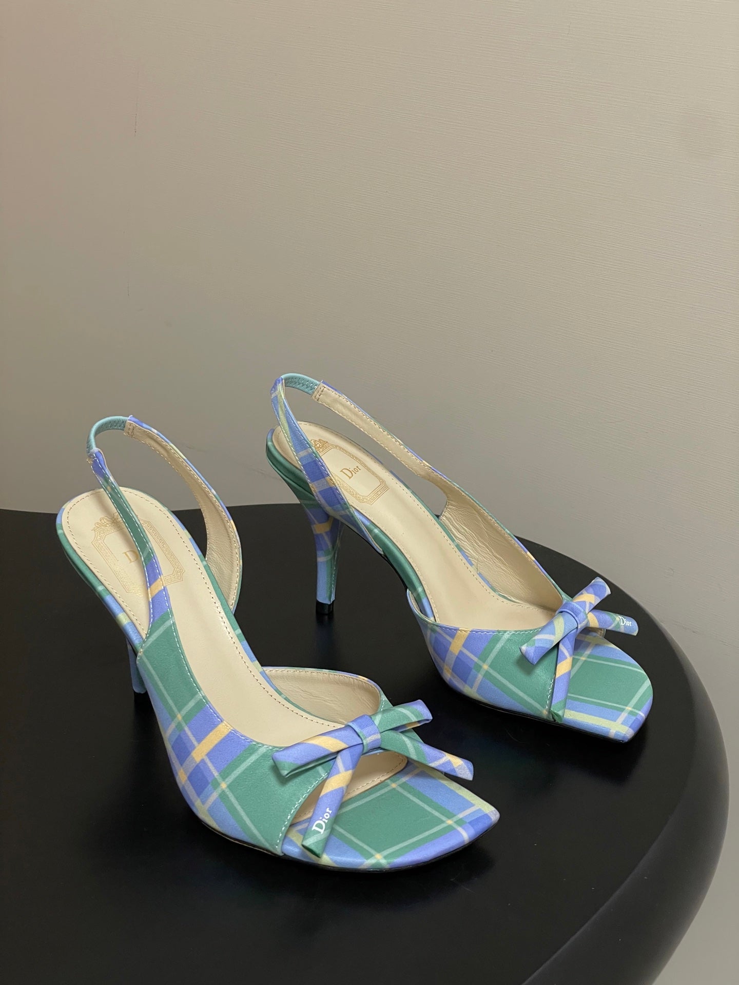 CD 26 Slingback 85 Green Blue Leather Silk Fabric 593601