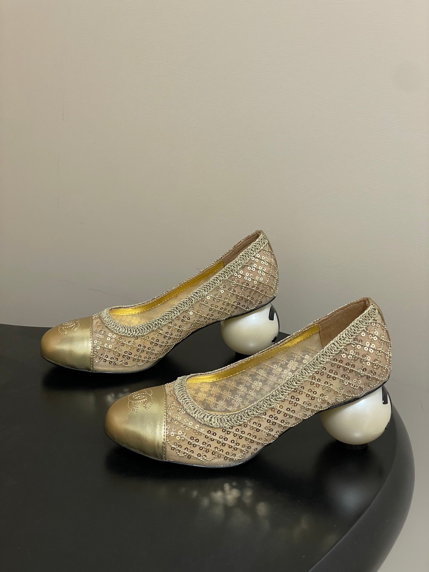 CC 26 Beaded Sequin Pump With Double C Pearl Heel Gold Mesh Leather 593159