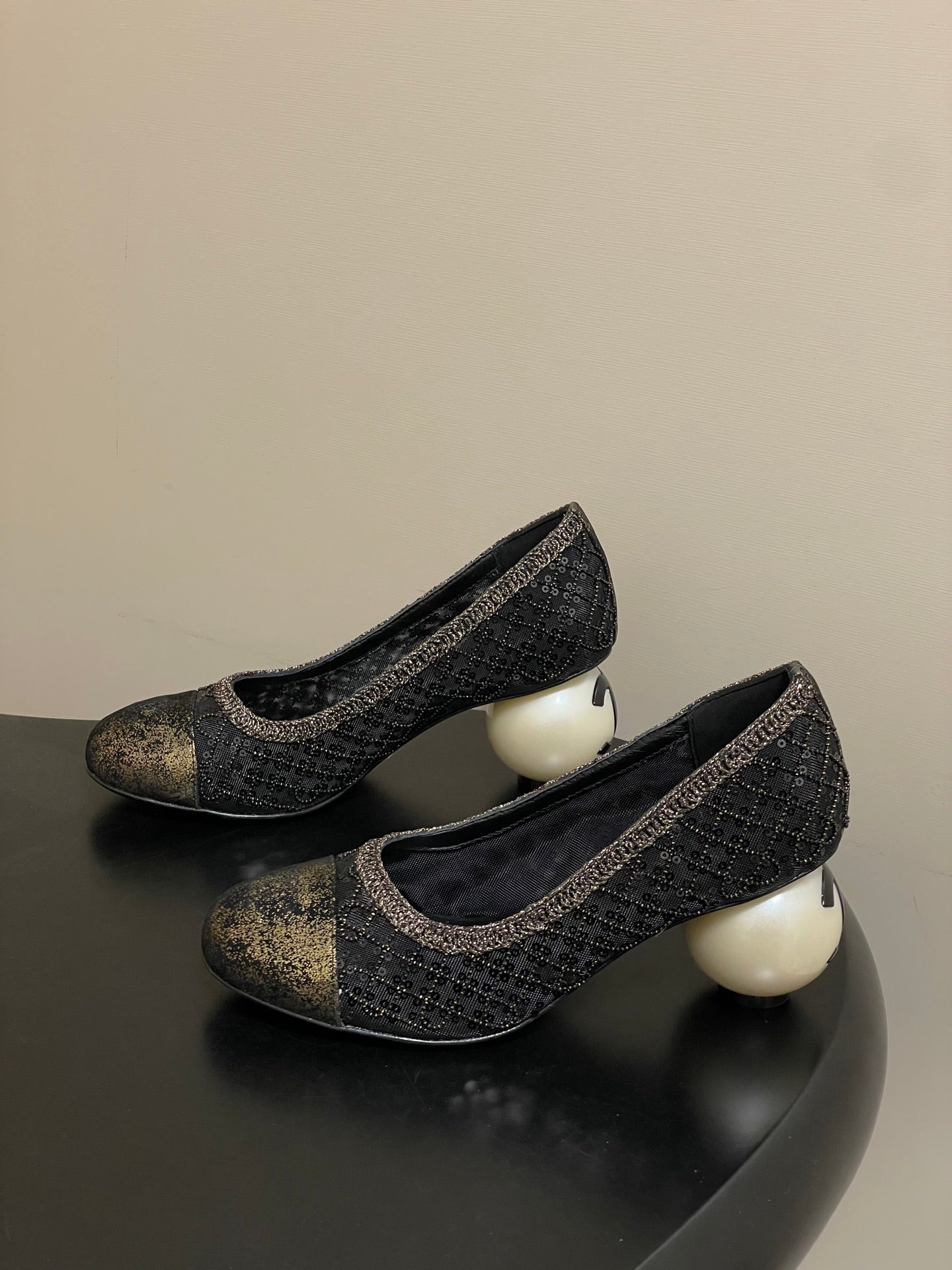 CC 26 Beaded Sequin Pump With Double C Pearl Heel Black Mesh Leather