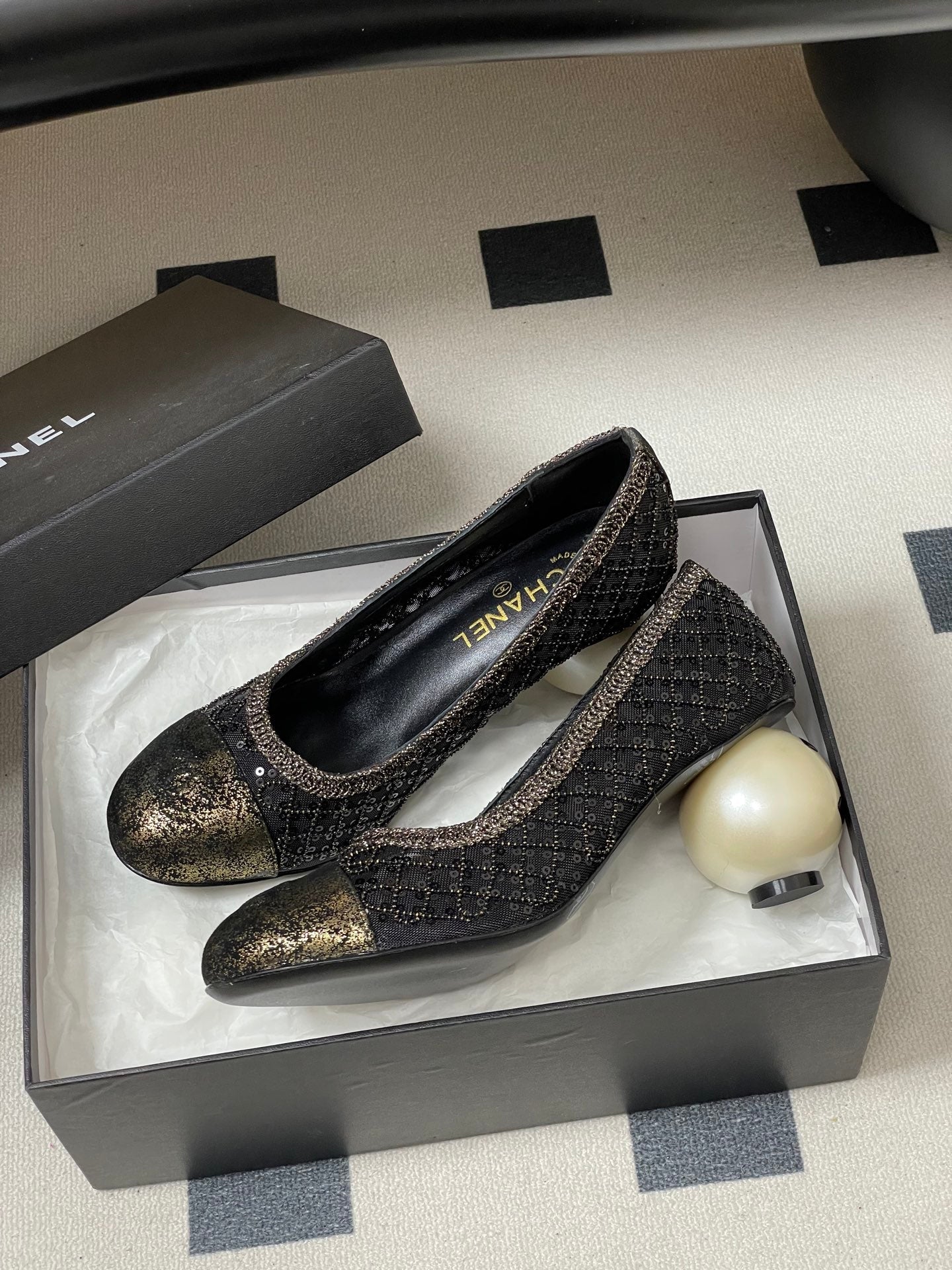 CC 26 Beaded Sequin Pump With Double C Pearl Heel Black Mesh Leather