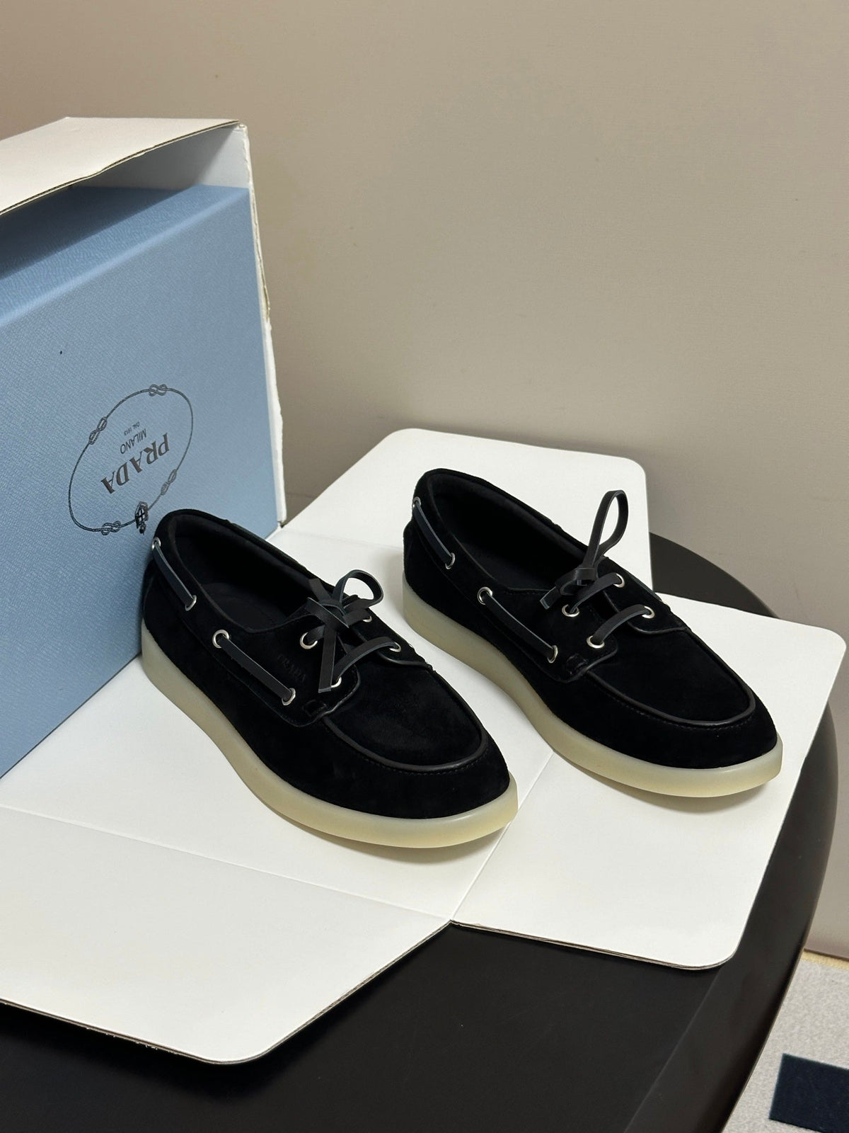 Prada 2026 Lace Up Boat Shoes Suede 151260