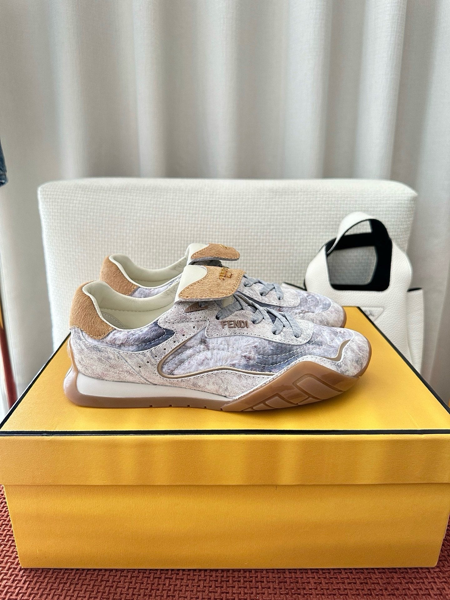 Fendi 2025 Wave Pulse Sneaker White Gray Brown Suede Cowhide 562138