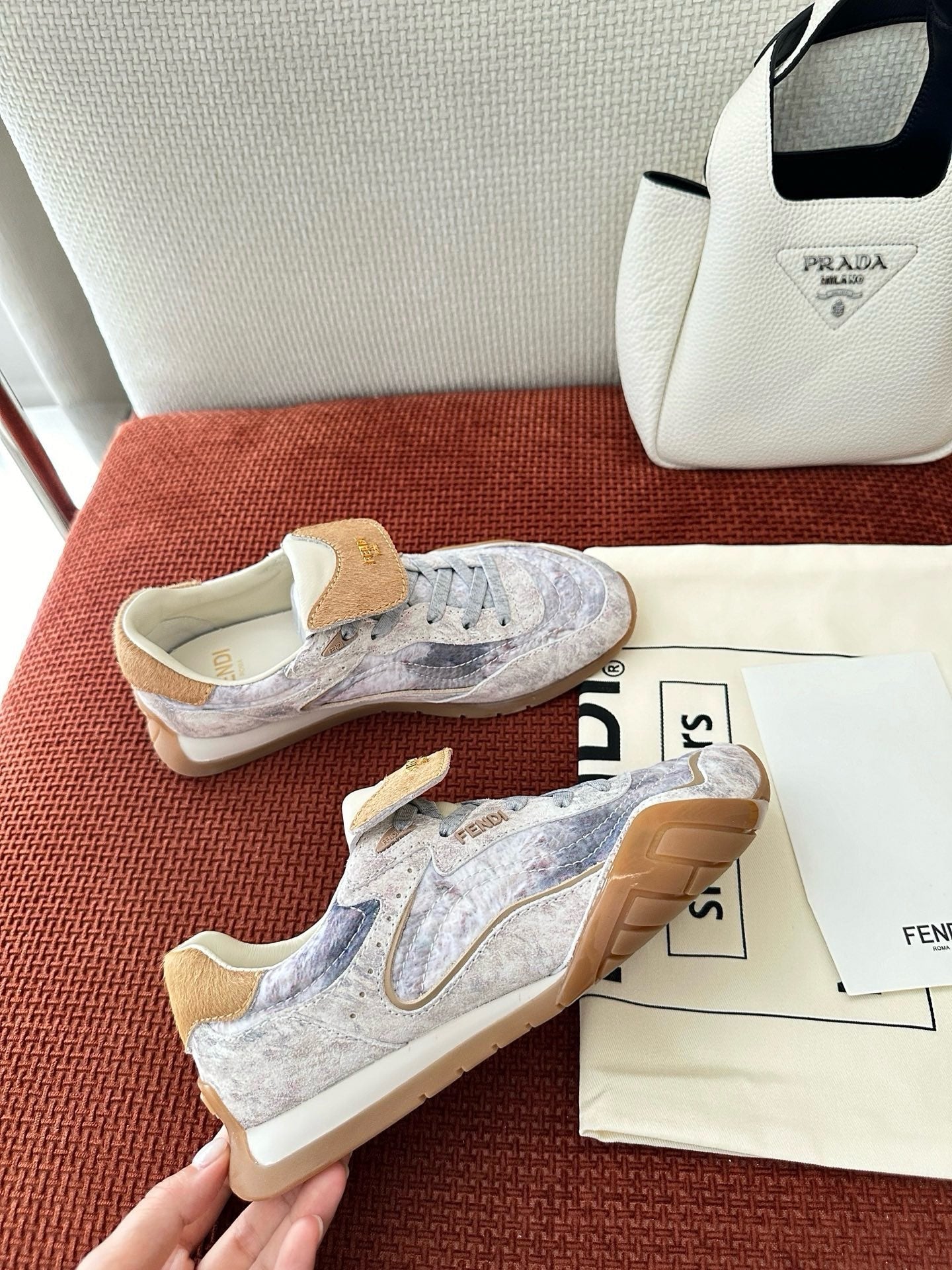 Fendi 2025 Wave Pulse Sneaker White Gray Brown Suede Cowhide 562138