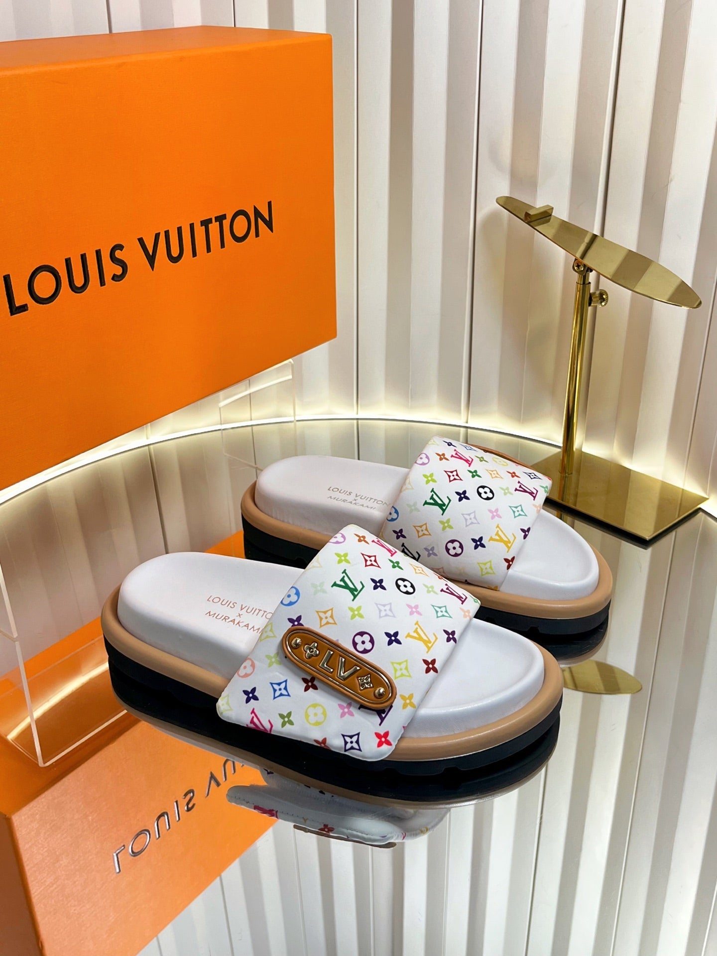 LV 26s Slippers White Multicolor Fabric Sheepskin 616355