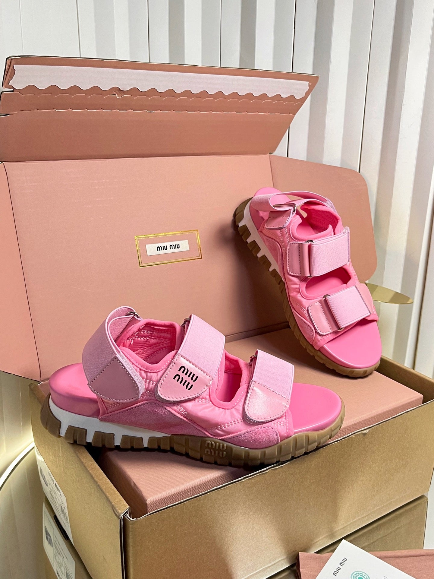 Miumiu 2026 Velcro Sports Sandals Pink Leather 922974