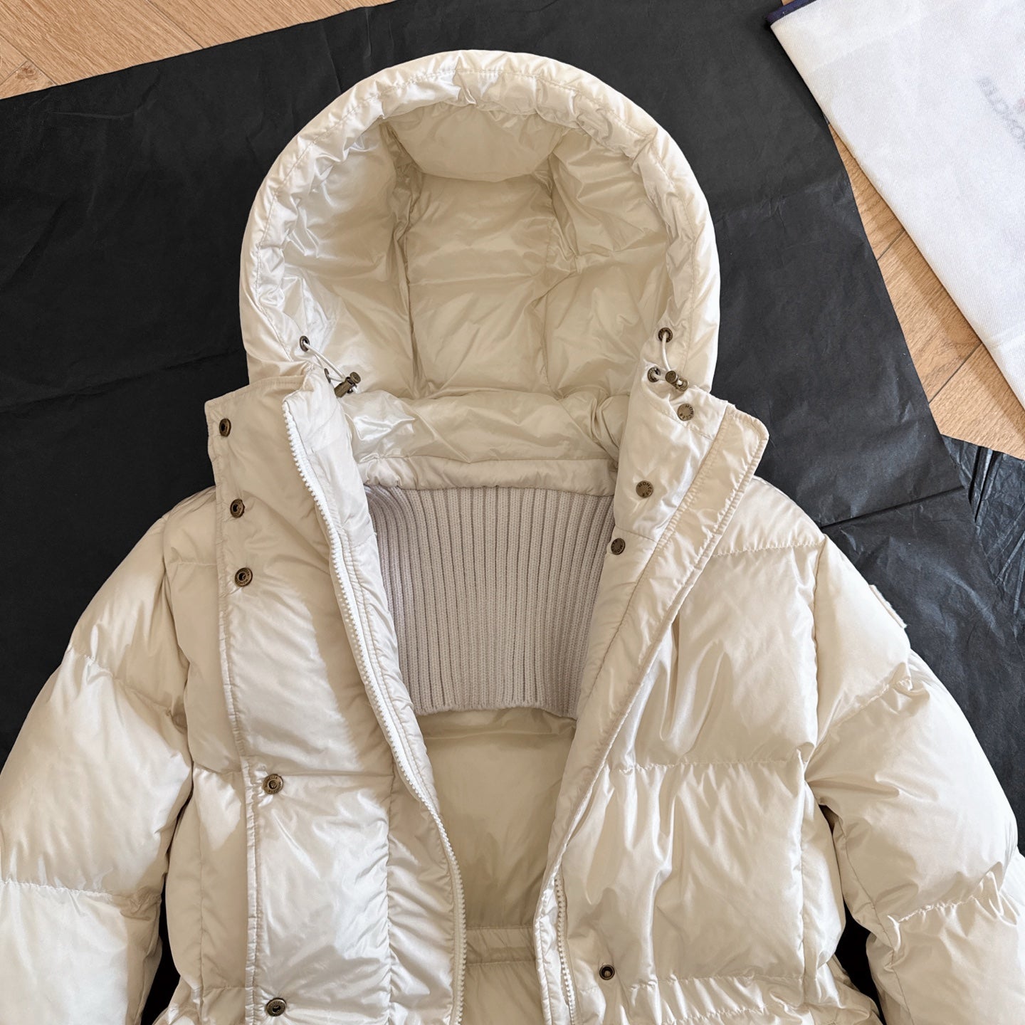 Moncler 2025 Chamer Wool-Trimmed Hooded Long Jacket Cream Down