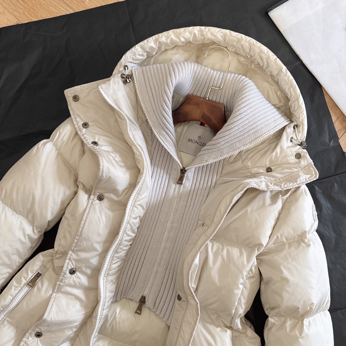 Moncler 2025 Chamer Wool-Trimmed Hooded Long Jacket Cream Down