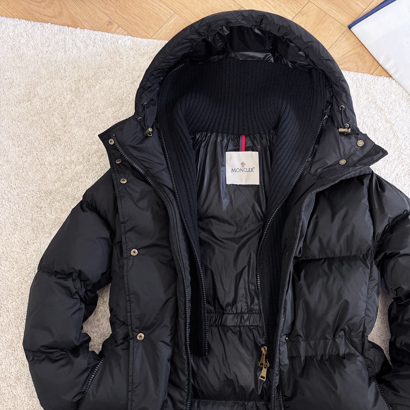 Moncler 2025 Chamer Wool-Trimmed Hooded Long Jacket Black Down