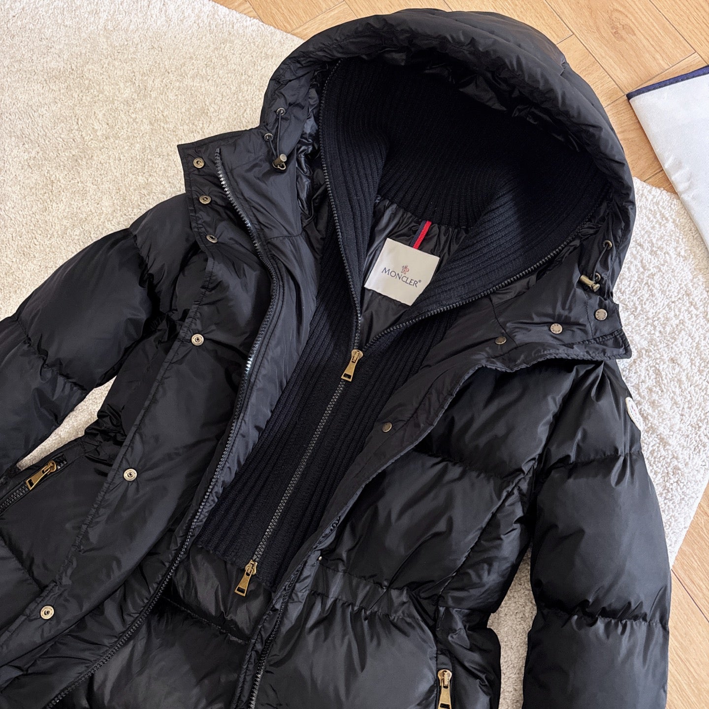 Moncler 2025 Chamer Wool-Trimmed Hooded Long Jacket Black Down