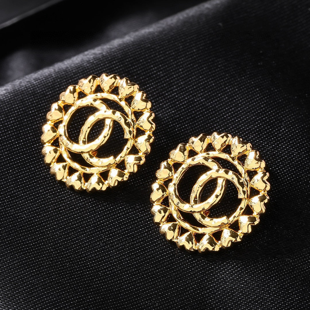 CC Metal Heart Double C Gold Earrings