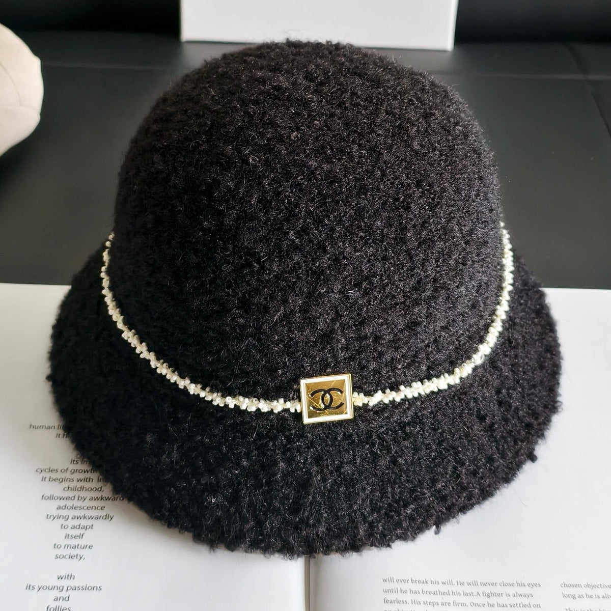 Chanel Pearl Chain Wool Bucket Hat 454072