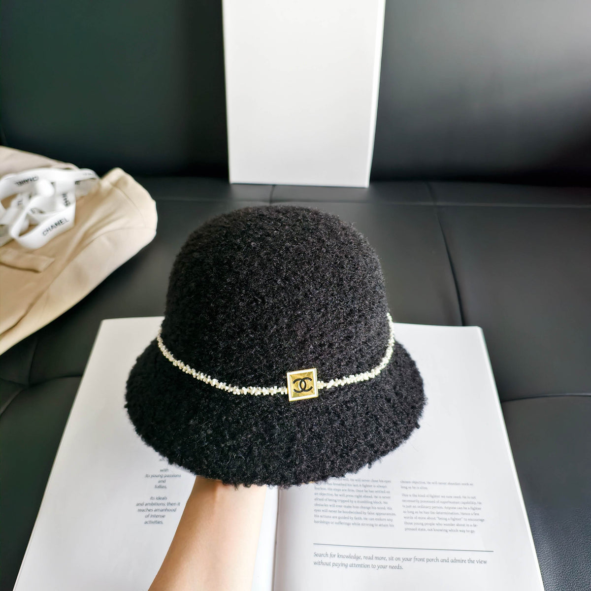 Chanel Pearl Chain Wool Bucket Hat 454072