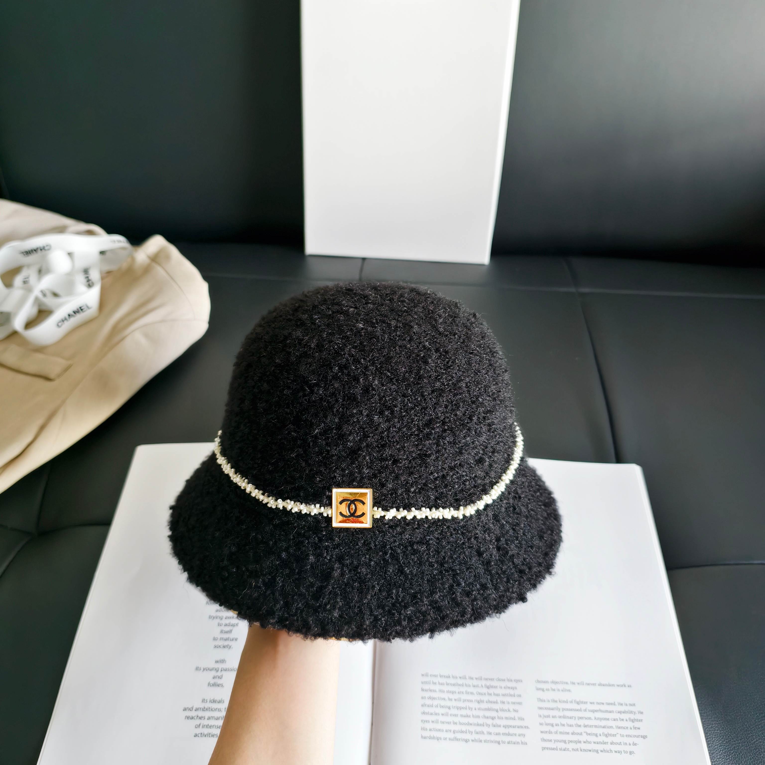 Chanel Pearl Chain Wool Bucket Hat 454072