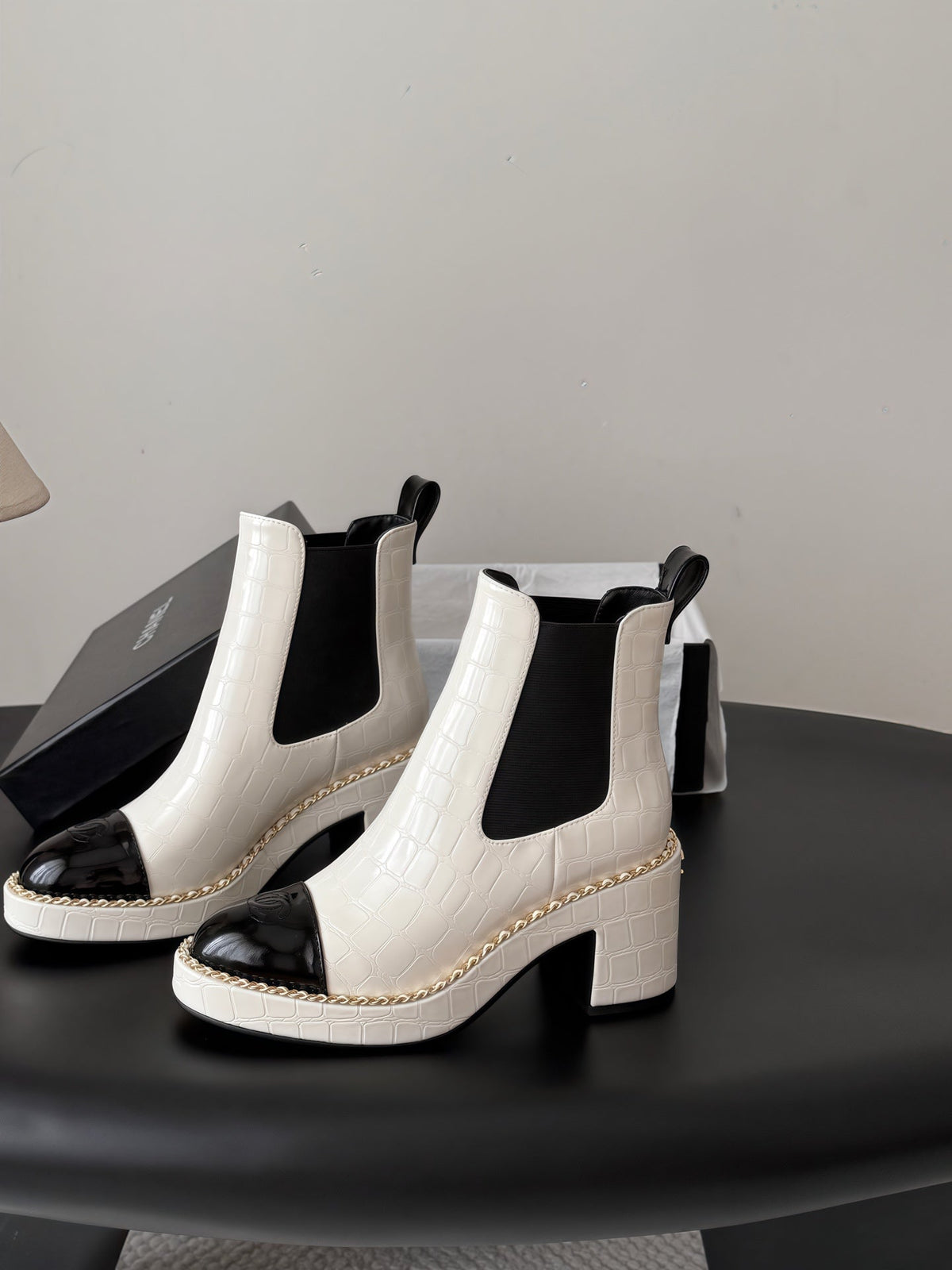Chanel 2026 Crocodile-Embossed Chelsea Boots 80mm Patent Leather 122420