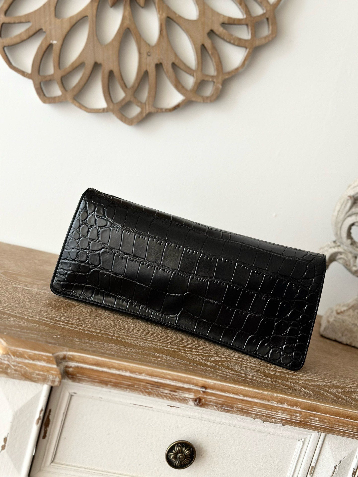 Chanel 2025 Crocodile-patterned Clutch Bag Black Leather 313169