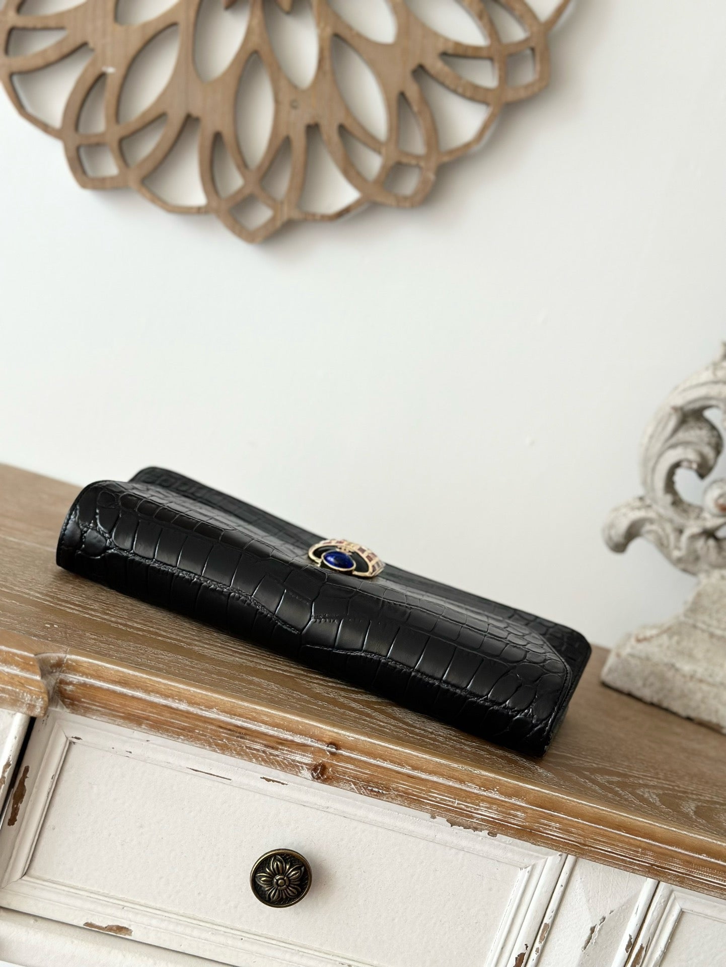 Chanel 2025 Crocodile-patterned Clutch Bag Black Leather 313169