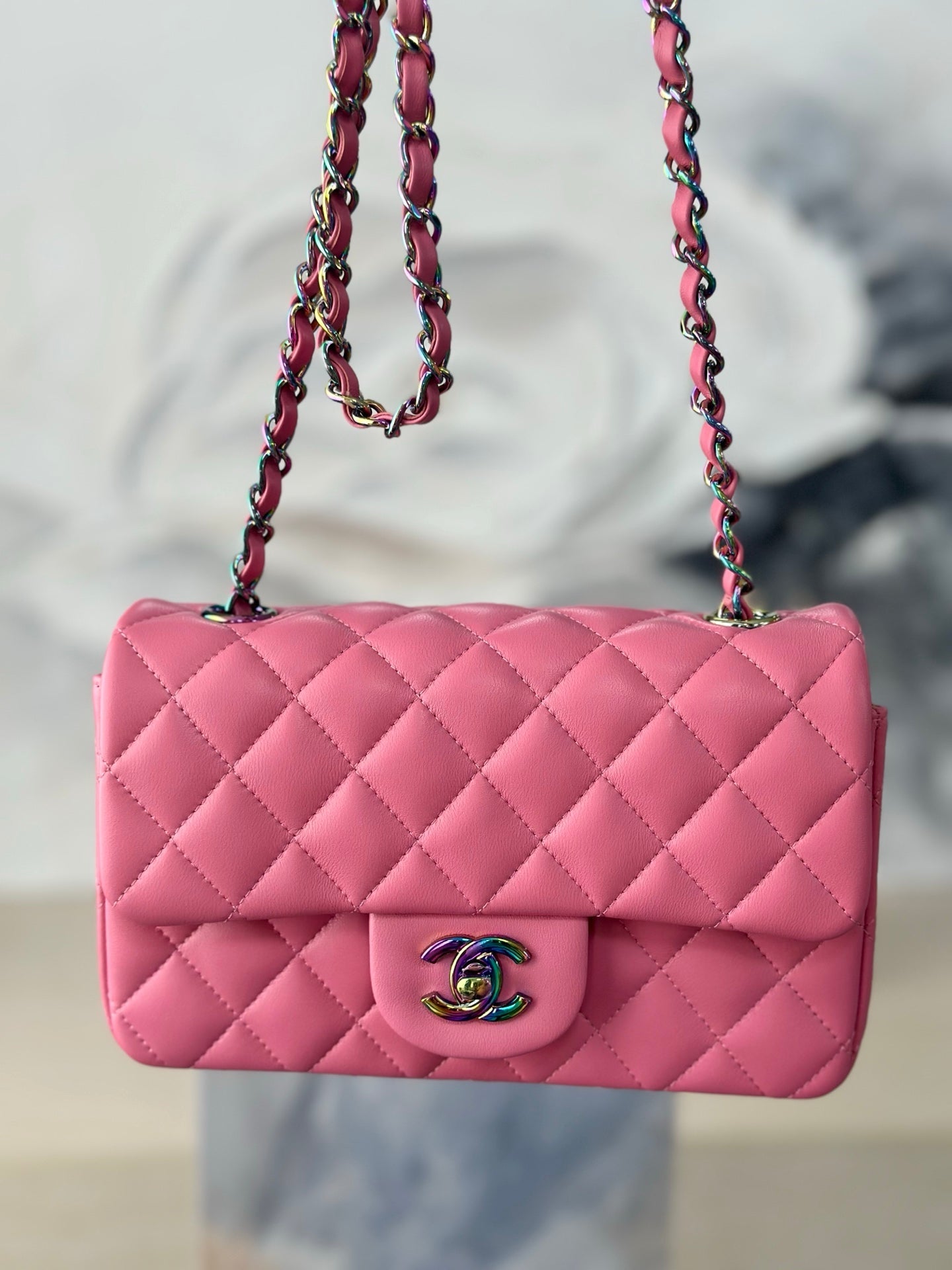 Chanel 2026 Flap Bag 20cm Pink Quilted Leather Rainbow Buckle