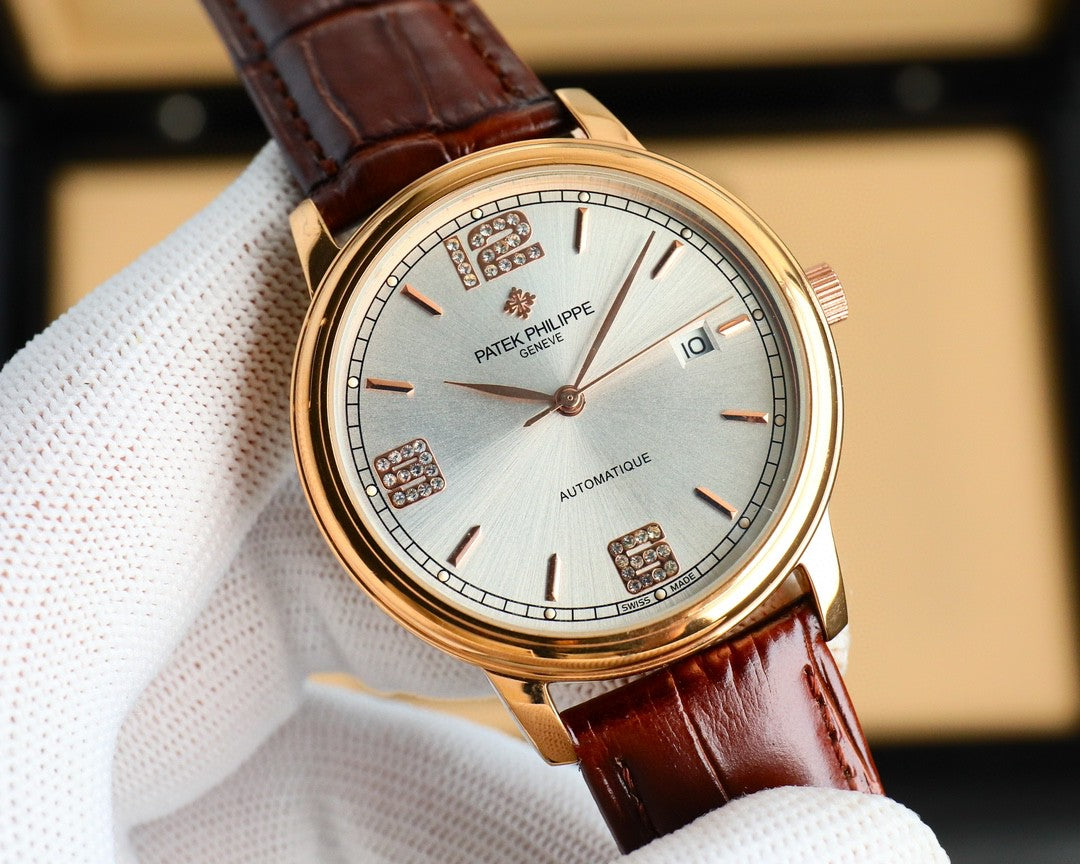 Patek Philippe Calatrava 40mm Gemstone-set Hour Marker Silver Dial Brown Leather Strap