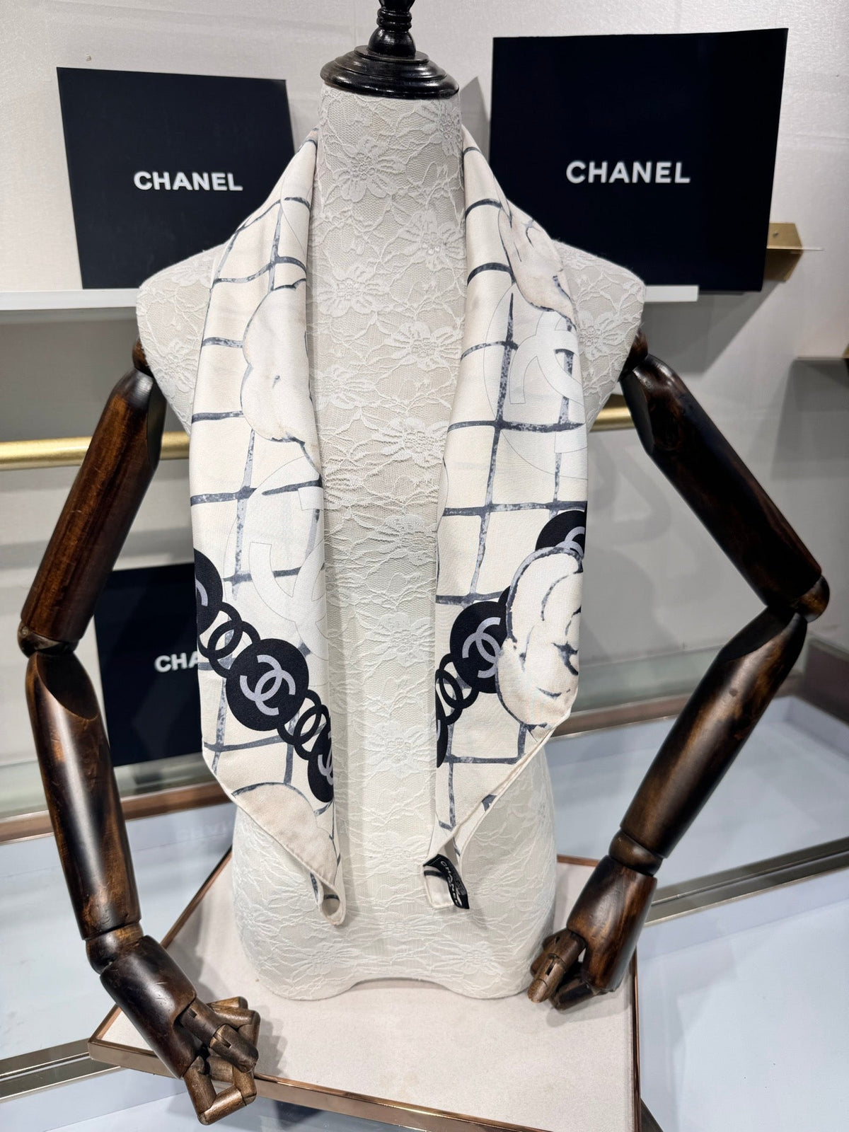 Chanel 2026 Flower Pattern Scarf 90cm Black White Twill Silk 209018