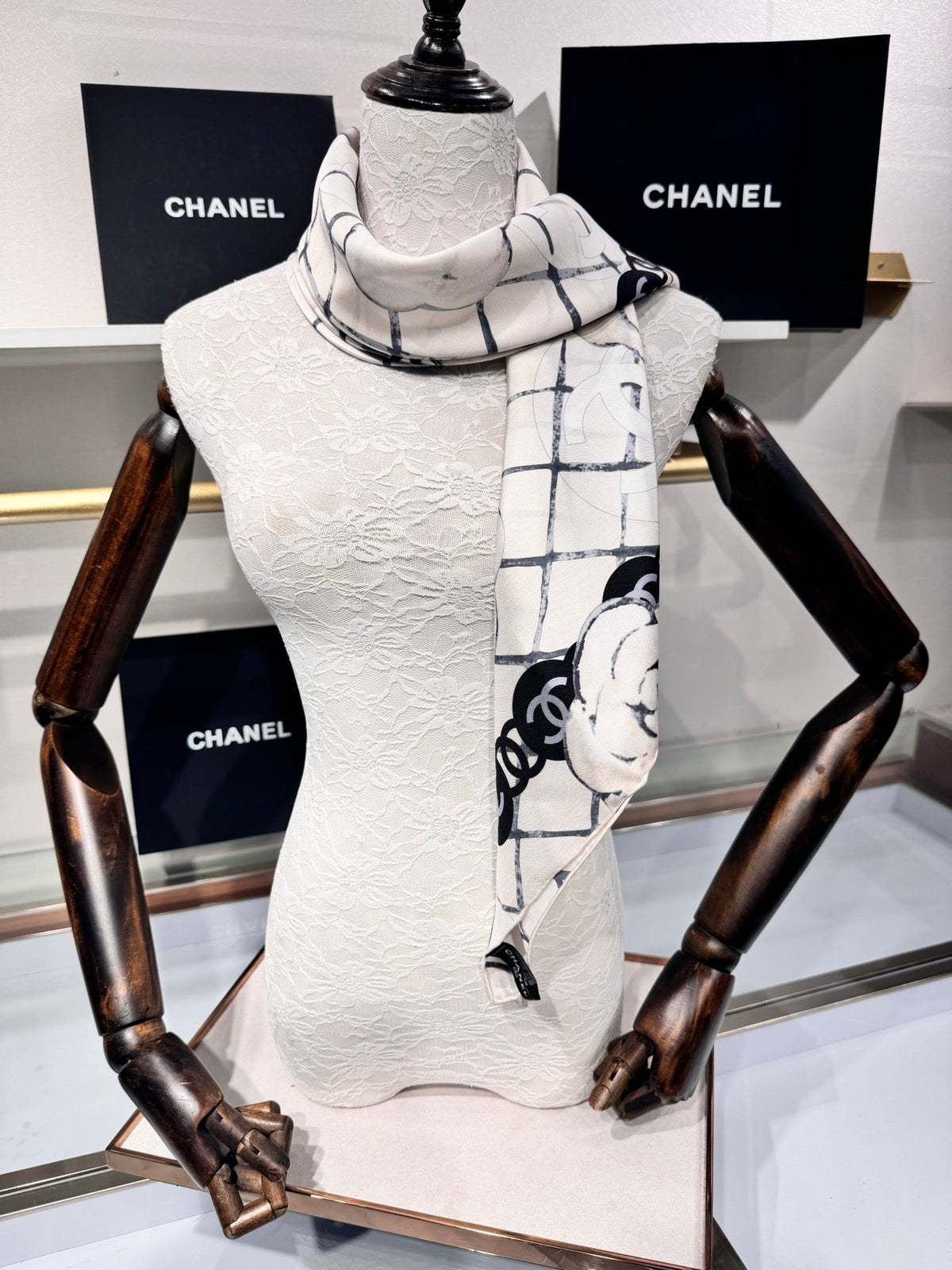 Chanel 2026 Flower Pattern Scarf 90cm Black White Twill Silk 209018