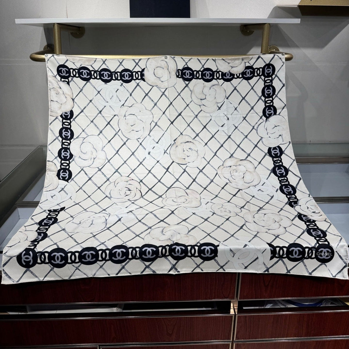 Chanel 2026 Flower Pattern Scarf 90cm Black White Twill Silk 209018