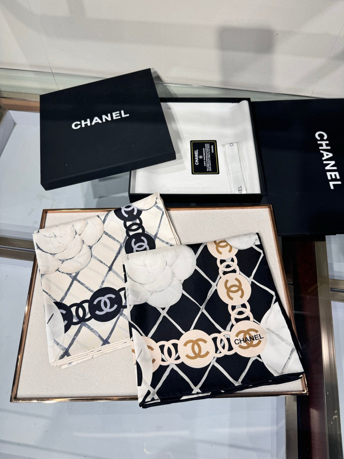 Chanel 2026 Flower Pattern Scarf 90cm Black White Twill Silk 209018