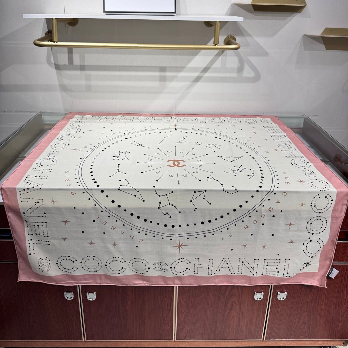 Chanel 2026 Constellation Pattern Scarf 135cm Pink White Silk And Cashmere 200141