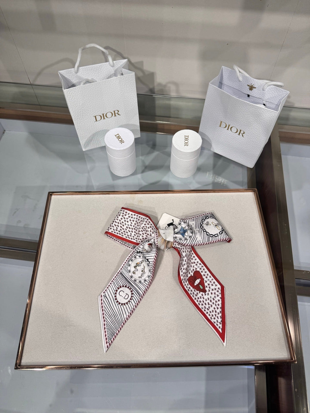Dior 2026 Le Monde Mitzah Scarf 100cm White Mix Red Silk 203876