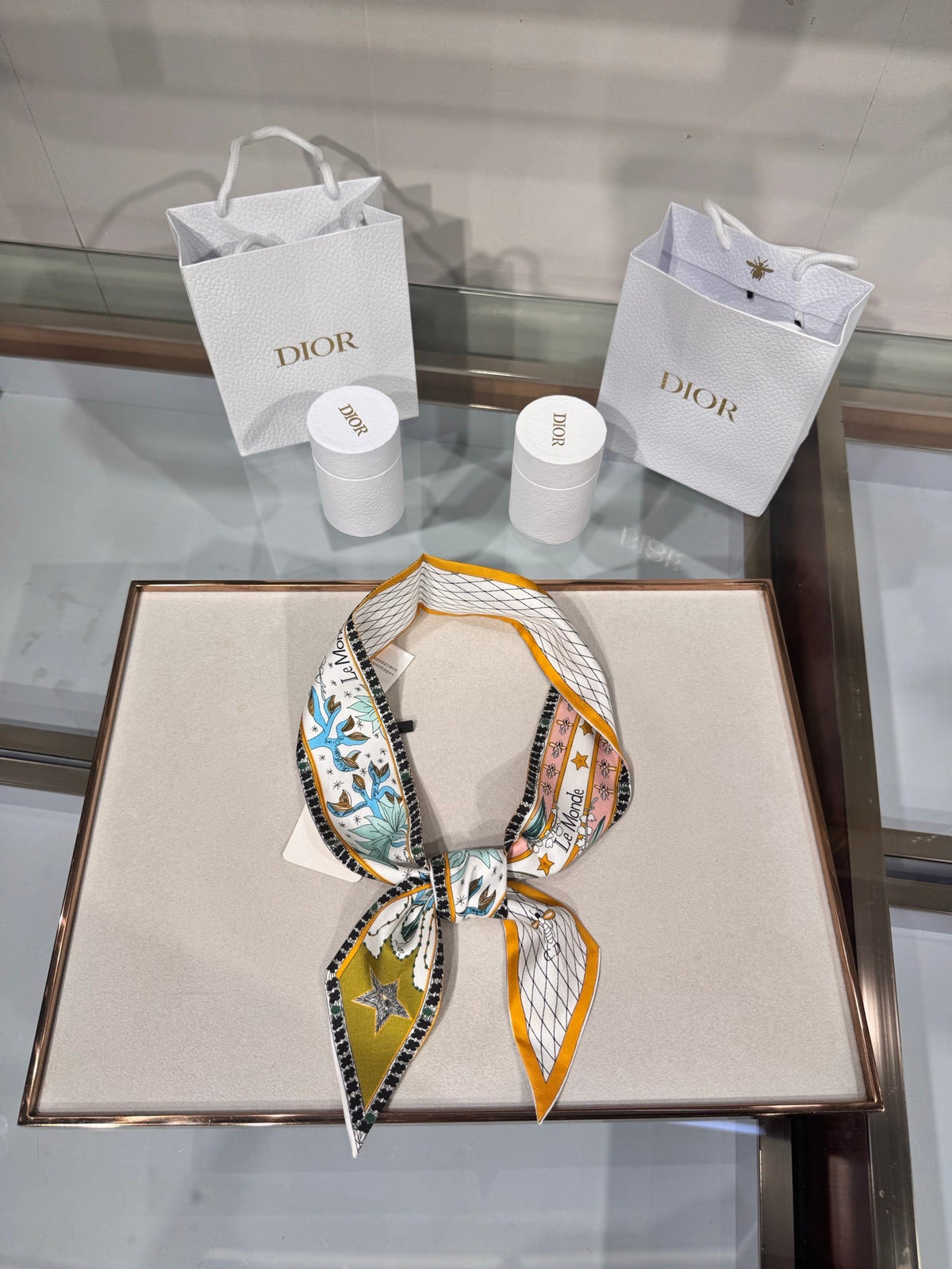 Dior 2026 Le Monde Mitzah Scarf 100cm Yellow Mix White Silk 203881