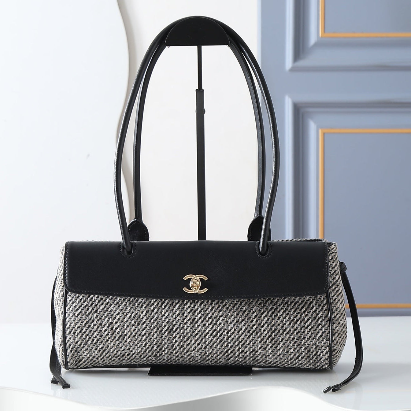 Chanel 2026 Urban Essential East West Bag 32cm Black mix Grey Leather Tweed