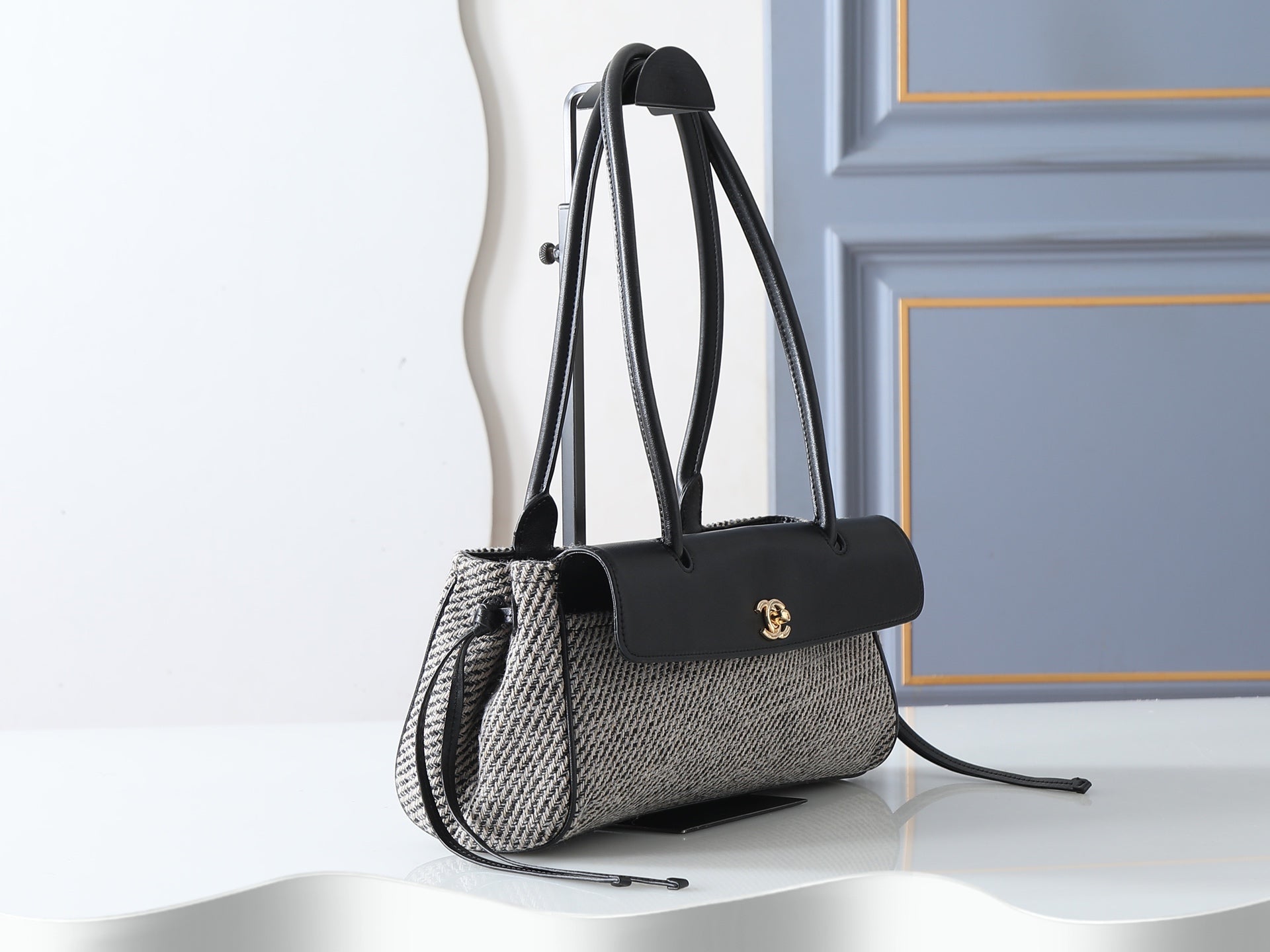Chanel 2026 Urban Essential East West Bag 32cm Black mix Grey Leather Tweed