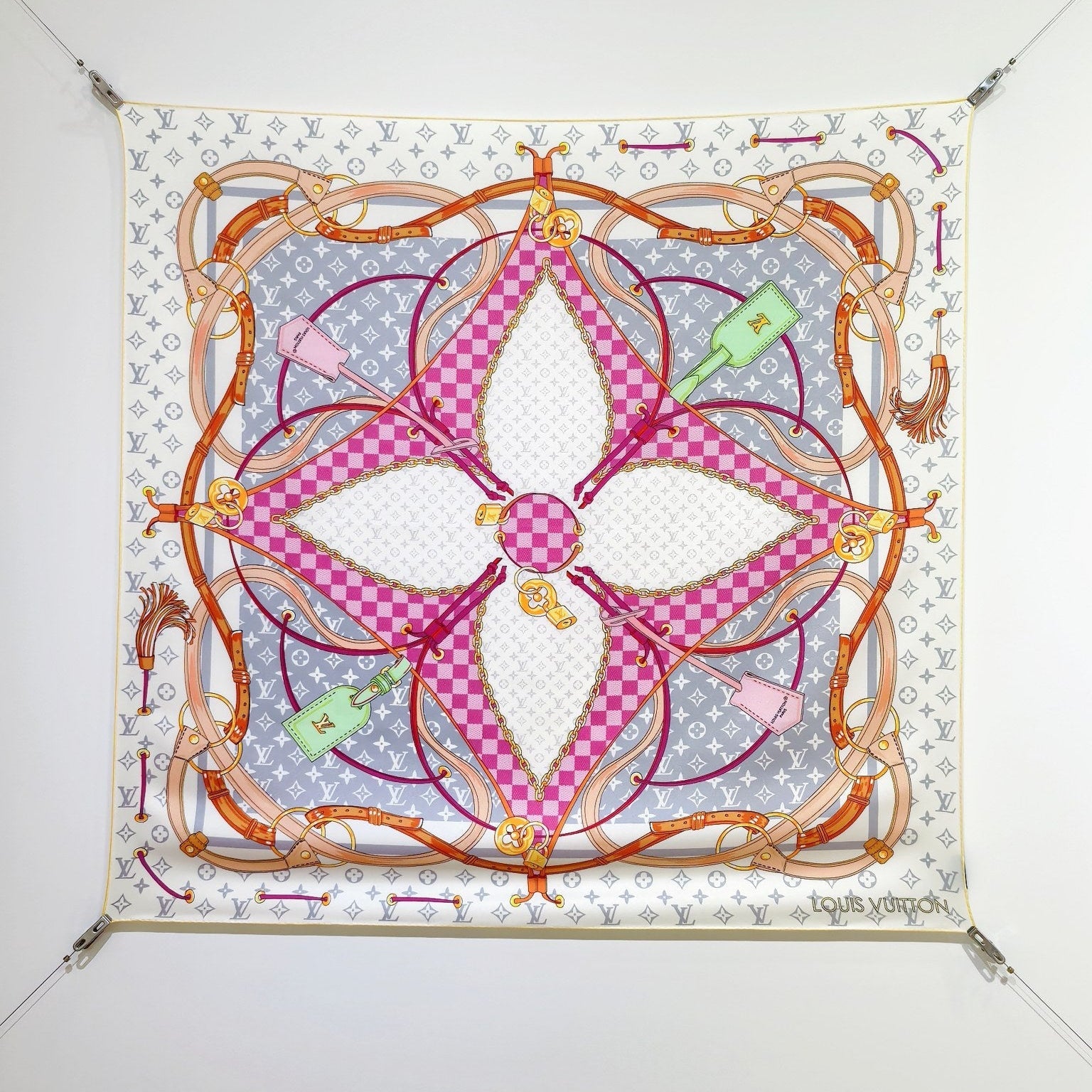 LV Double Sided Scarf 90 Gray Pink Monogram Cashmere Silk 168755