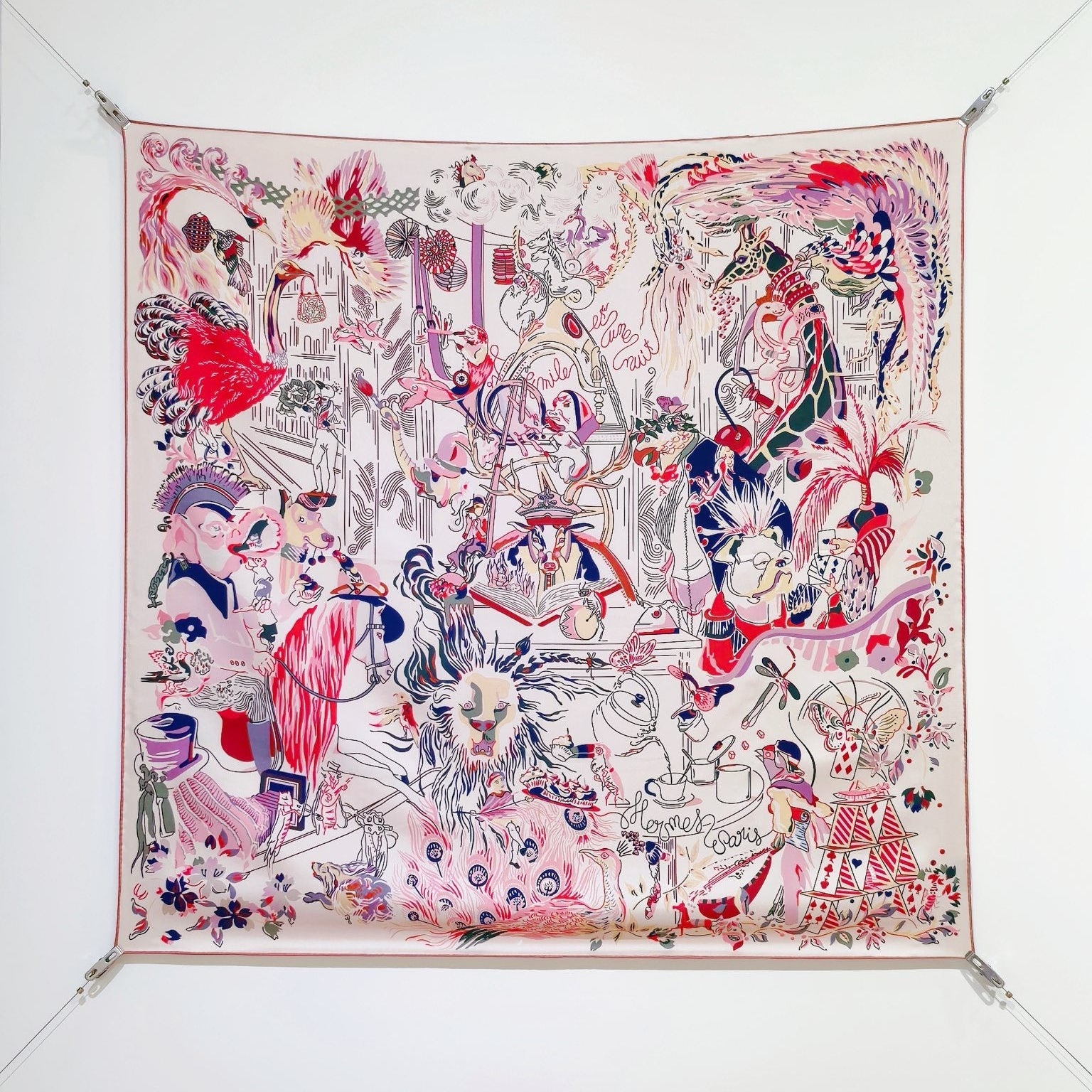 HM 26s Horse Scarf 90 Beige Pink Colorful Cashmere Silk 138046