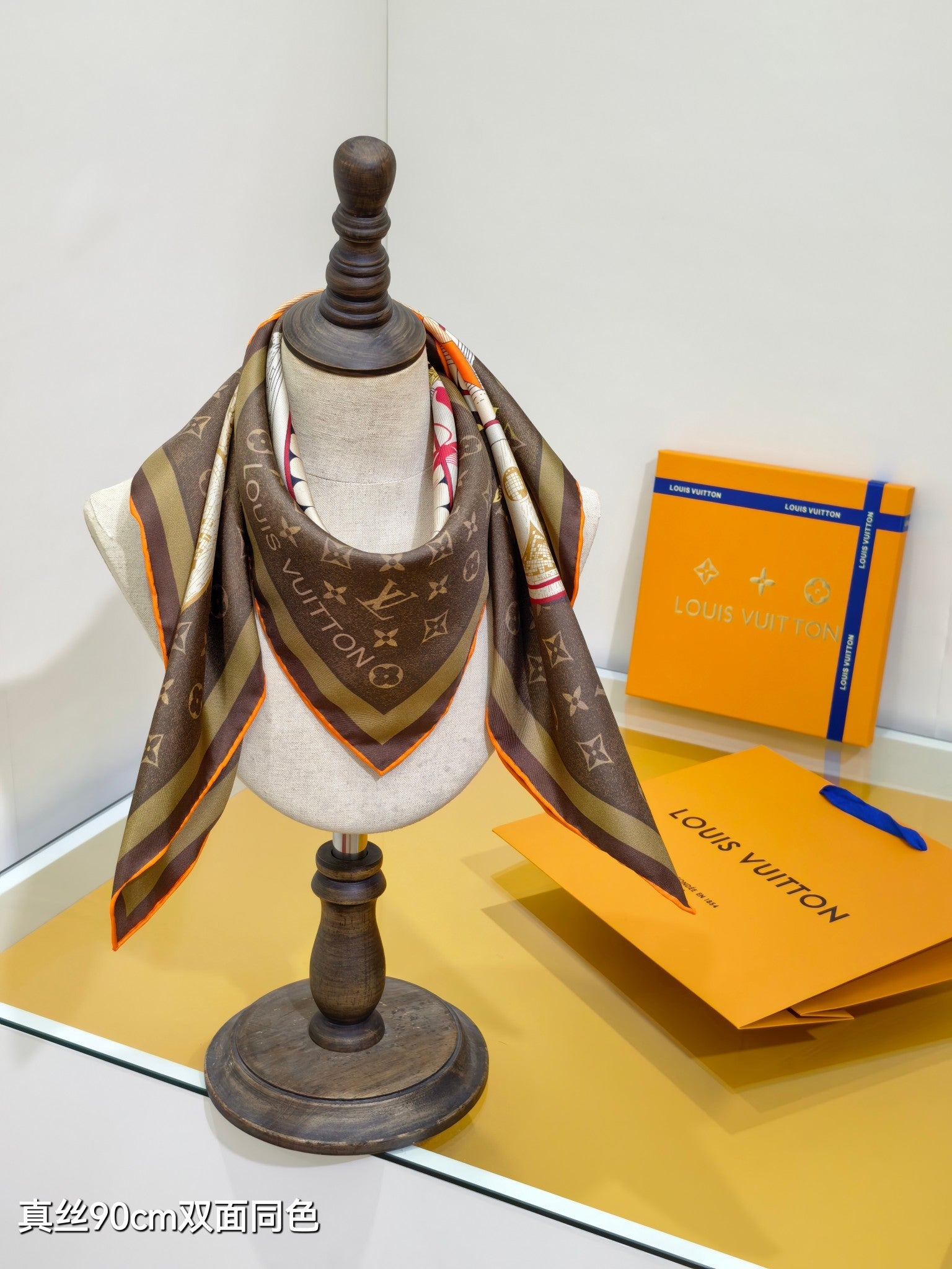 LV Double Sided Scarf 90 Brown Beige Monogram Twill Silk 168746