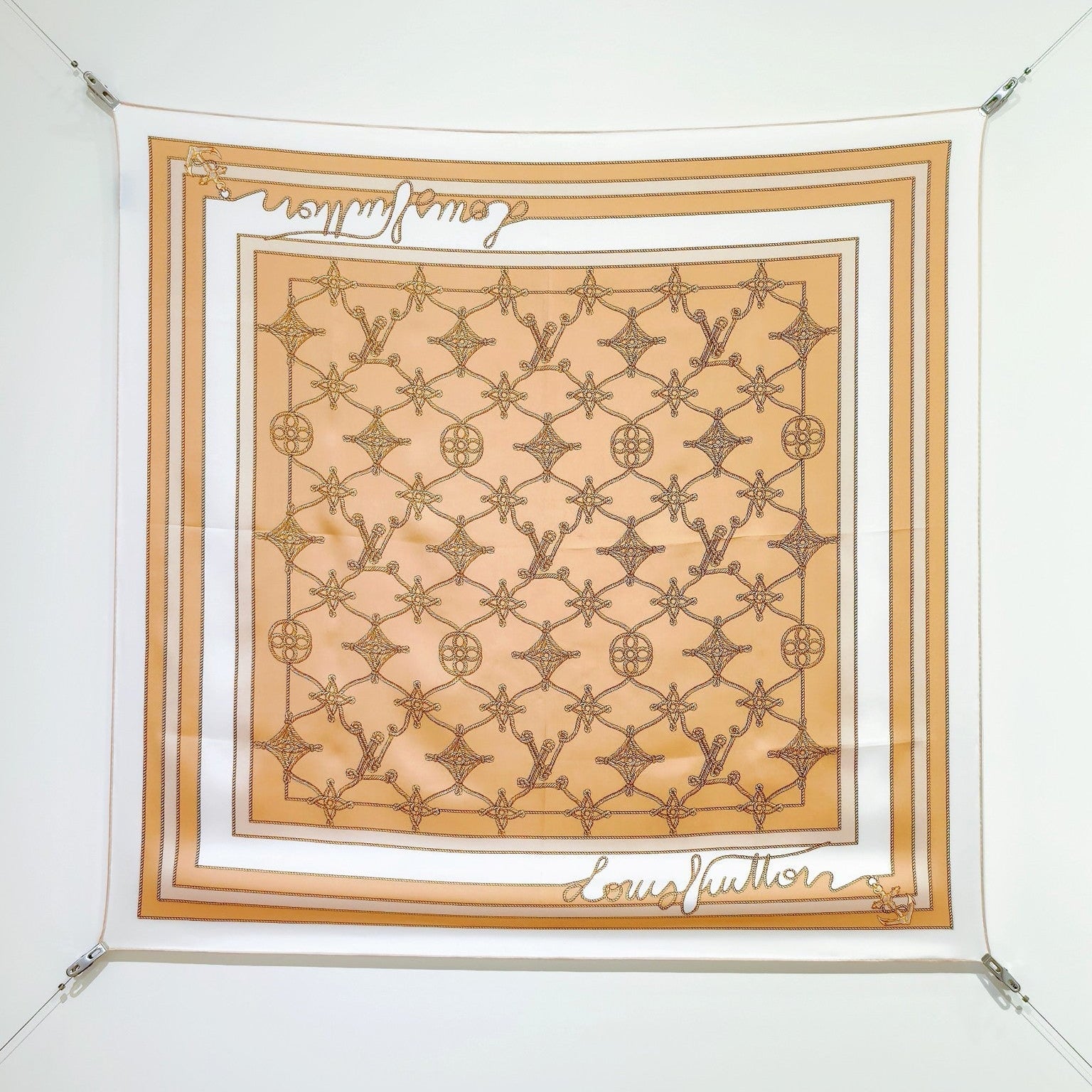 LV Double Sided Scarf 90 Beige White Monogram Twill Silk 164405