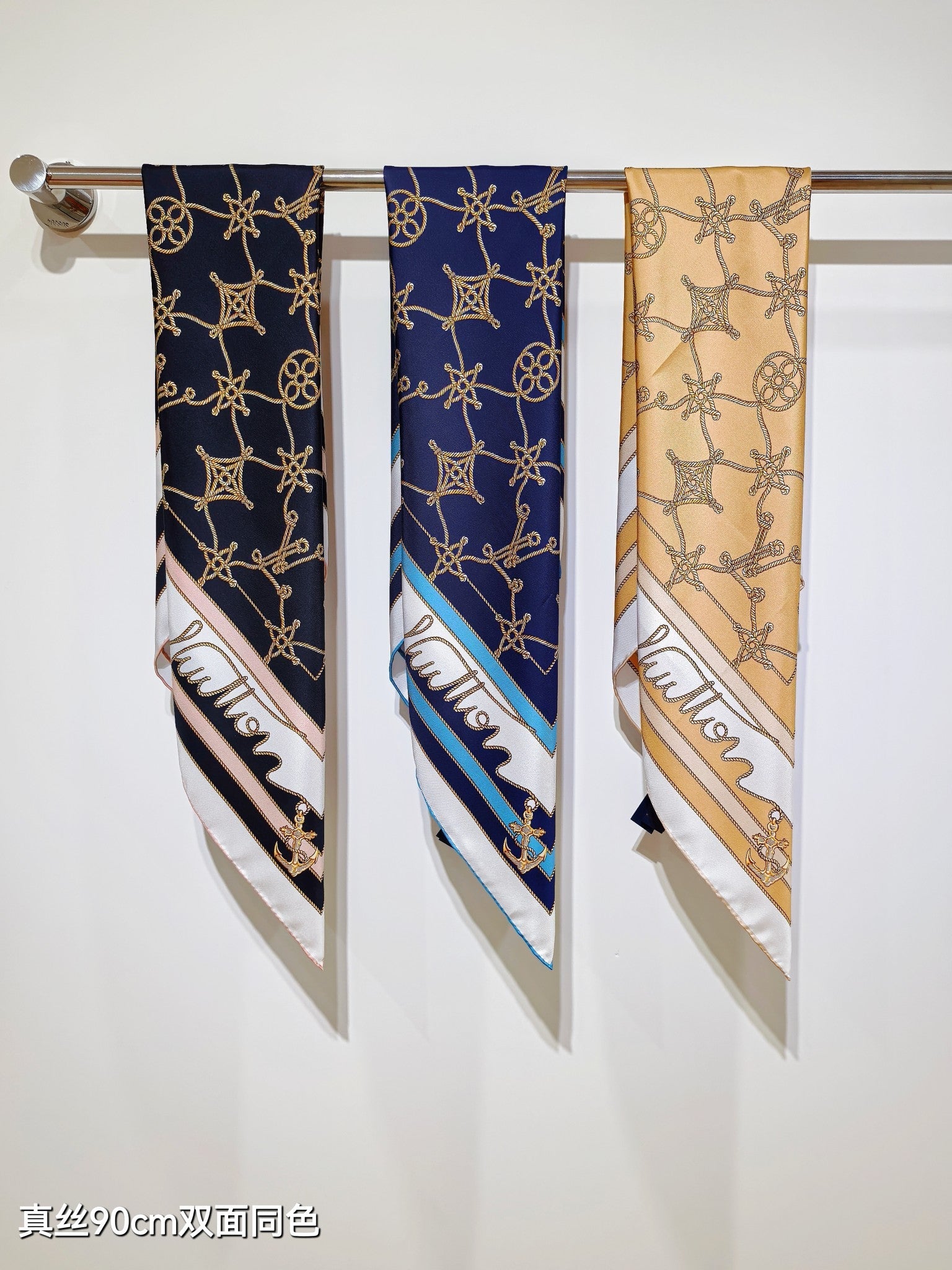 LV Double Sided Scarf 90 Black White Beige Monogram Twill Silk 164406