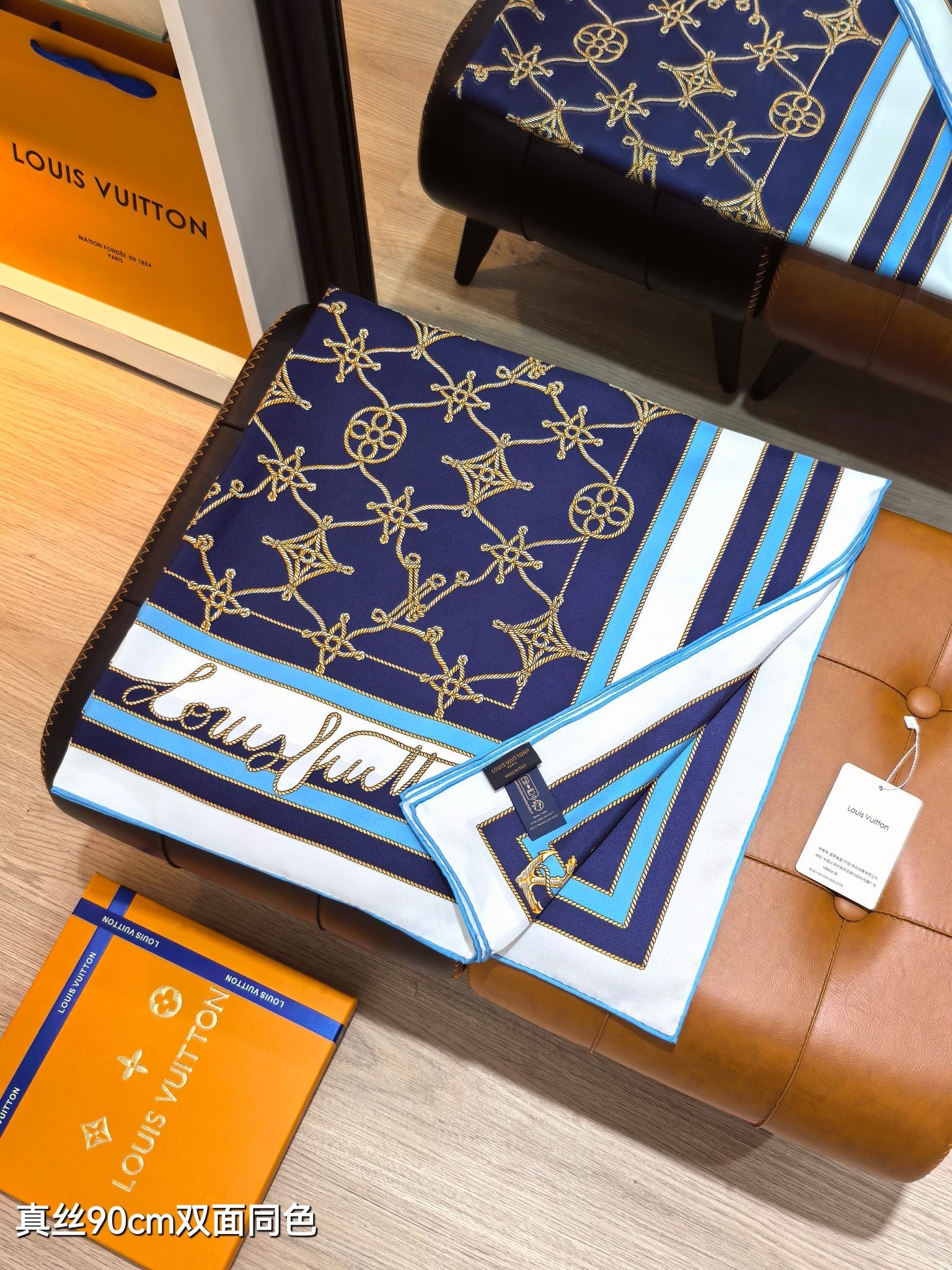 LV Double Sided Scarf 90 Dark Blue White Monogram Twill Silk 164407