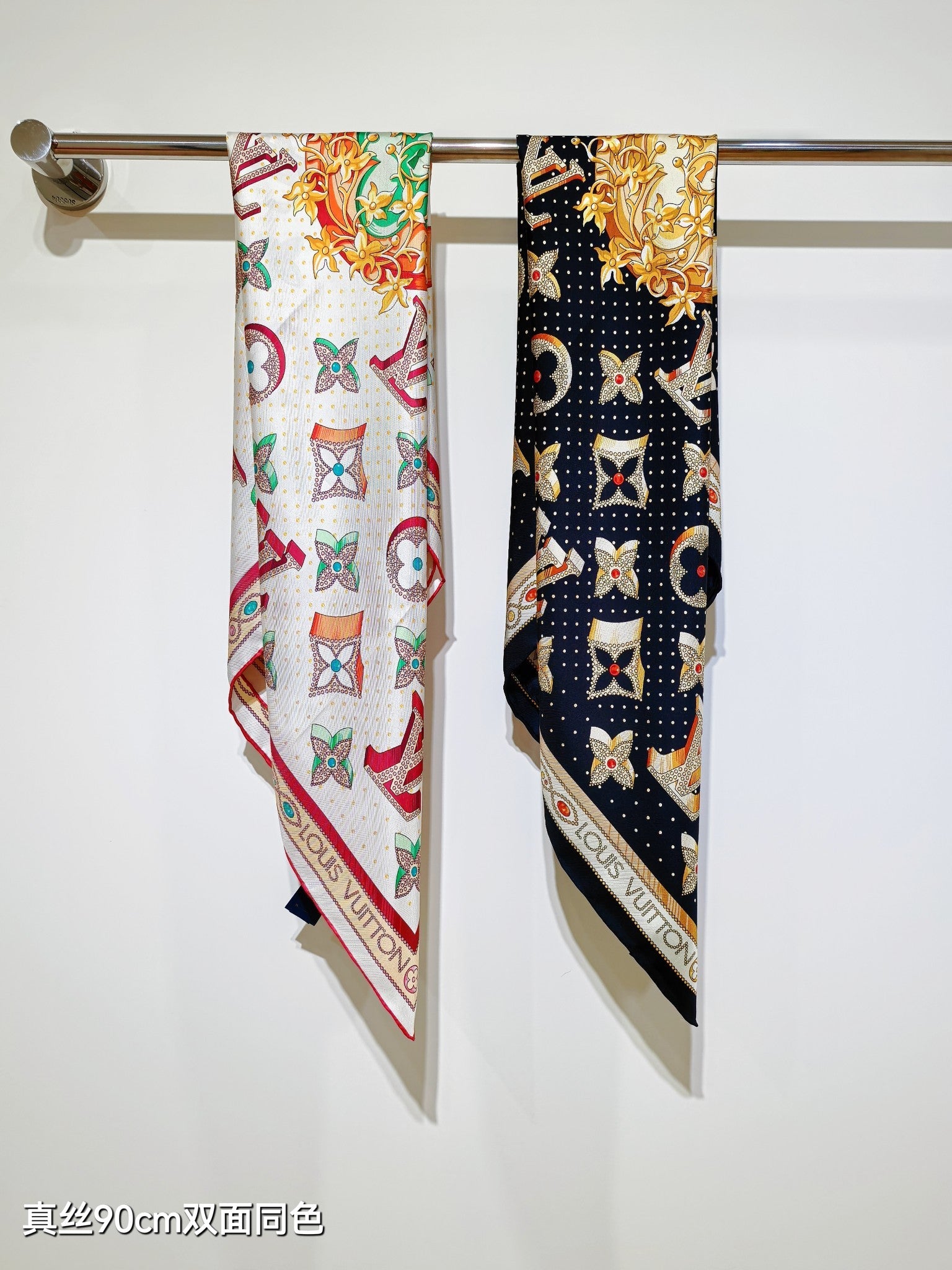 LV Double Sided Scarf 90 White Pink Colorful Monogram Mulberry Silk 169336