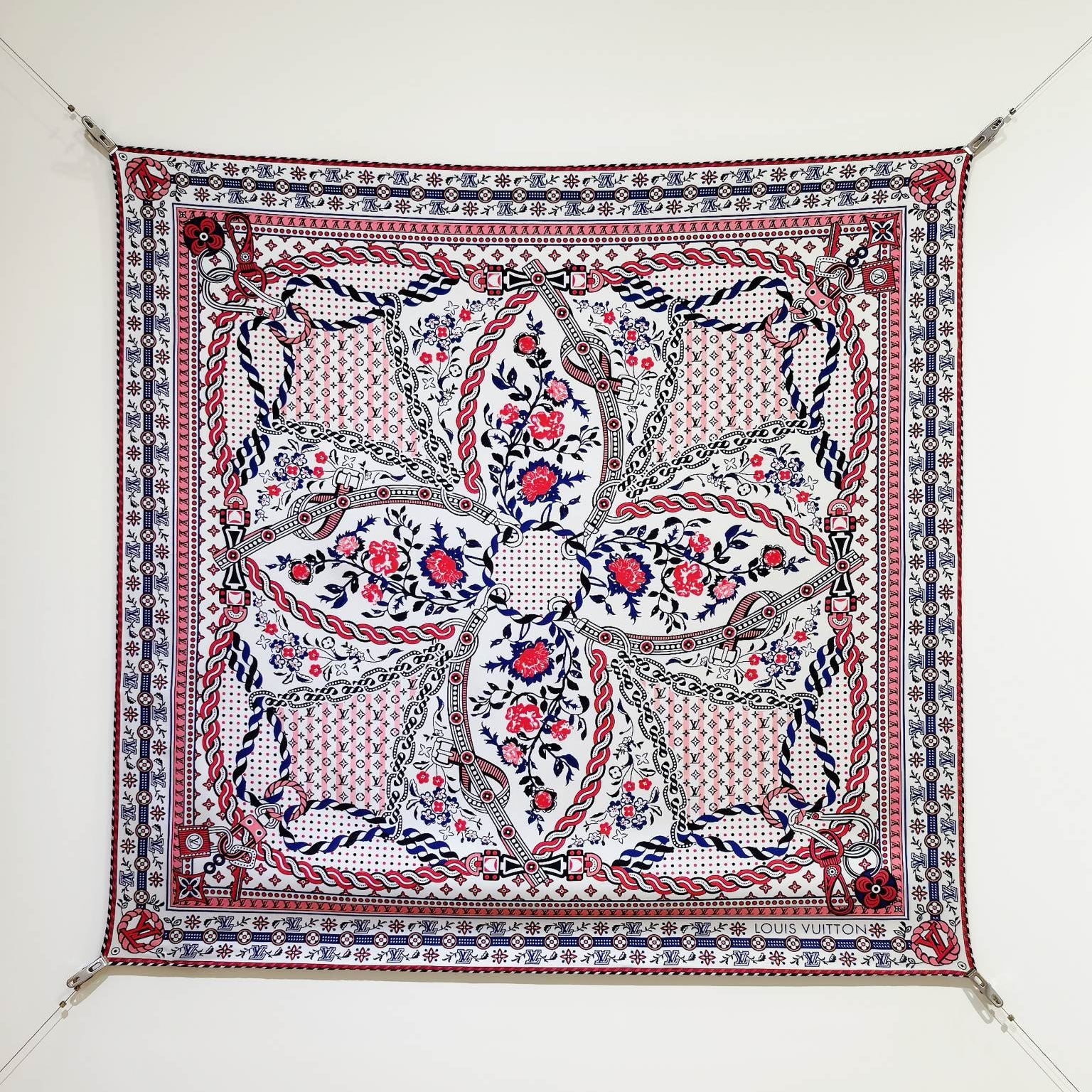 LV Double Sided Scarf 90 Blue Pink White Monogram Twill Silk 164408