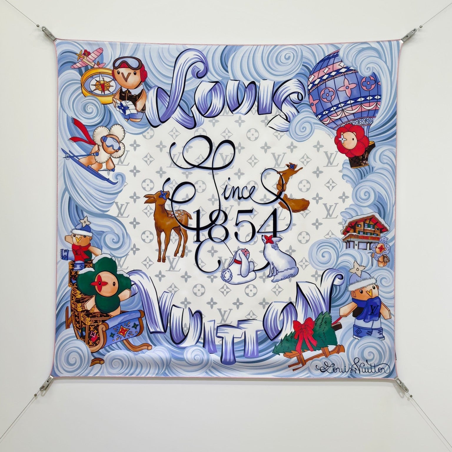 LV Double Sided Scarf 90 White Blue Colorful Mulberry Silk 168788