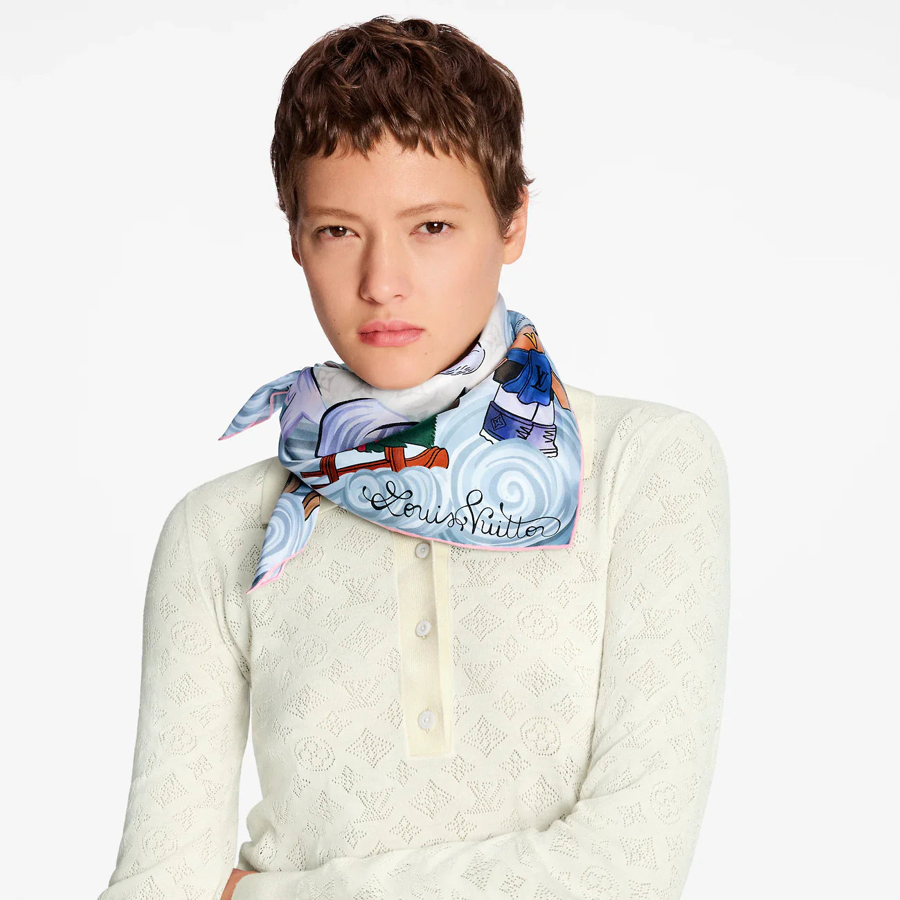 LV Double Sided Scarf 90 White Blue Colorful Mulberry Silk 168788