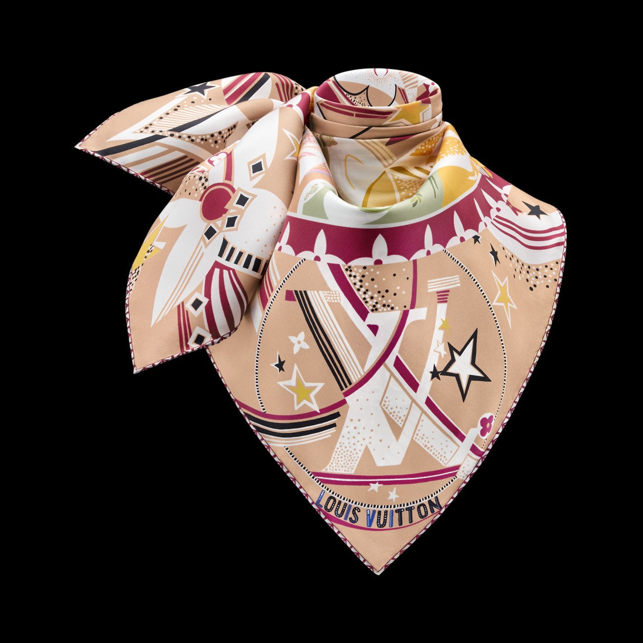 LV Double Sided Scarf 90 Beige Pink Colorful Mulberry Silk 168789